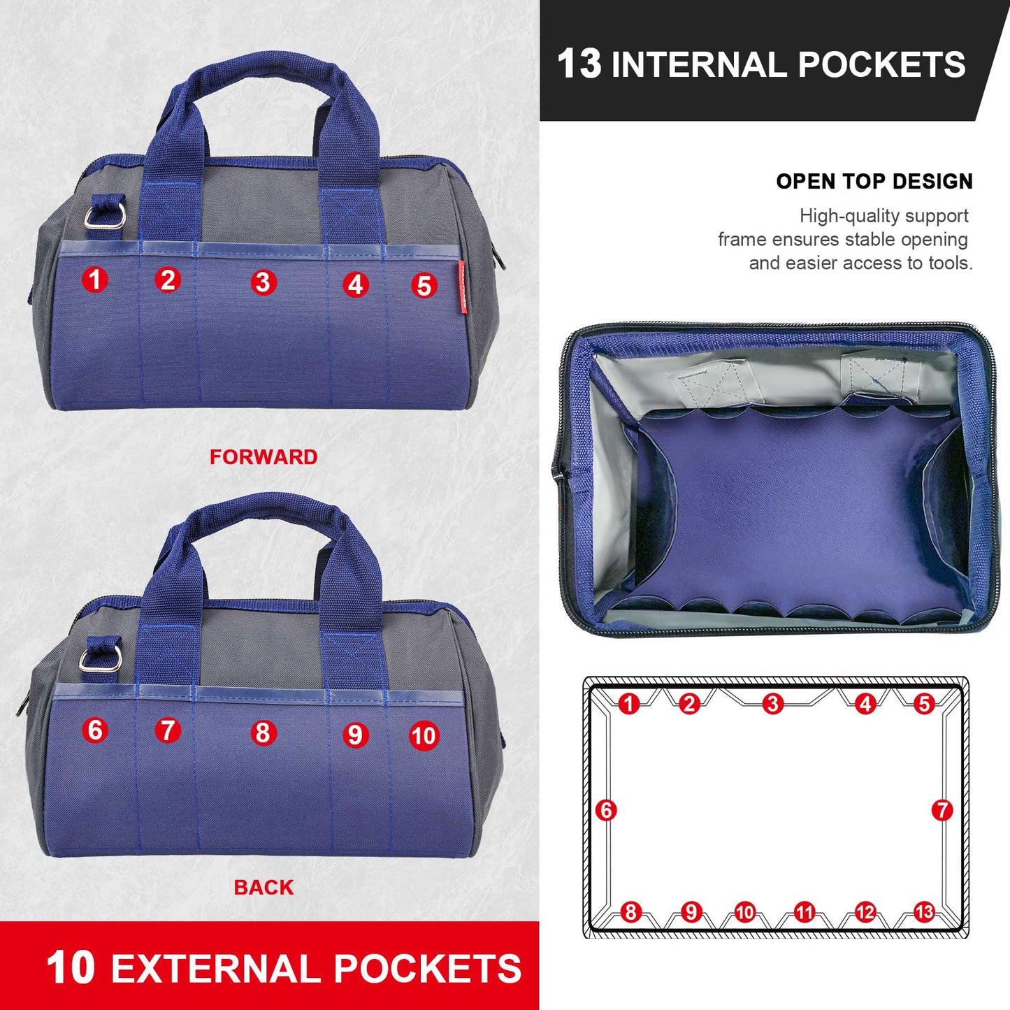 HAUTMEC Sturdy Waterproof Tool Bag 12 Inch, Multi-pocket Folding Tote Bag, Strengthened Base HT0074-TB