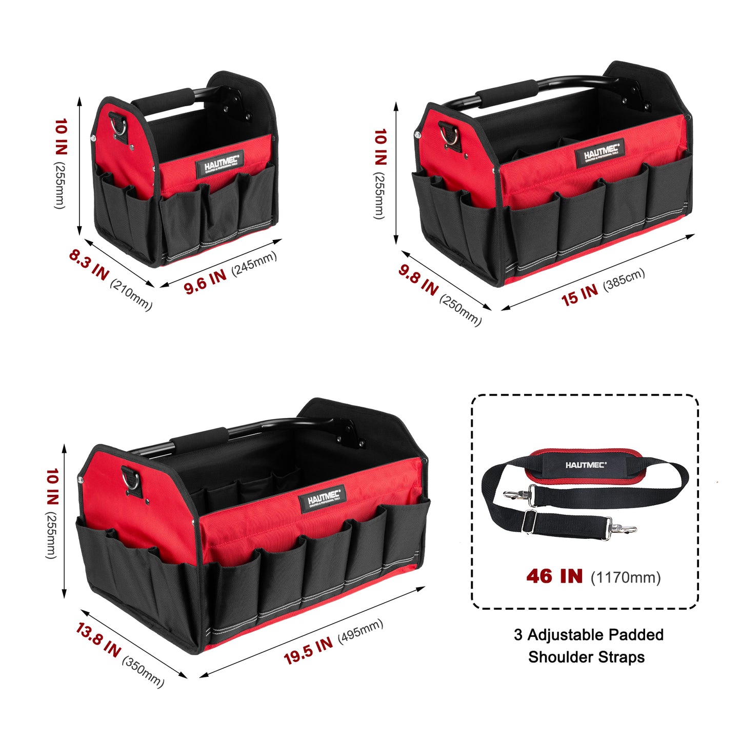 HAUTMEC 3PCS Heavy Duty Tool Tote Bag Set, 1680D Rigid Frame Tool Bags with Foldable Handle & Padded Shoulder Strap, Water-Resistant Hard Base, Multi-Pocket Tool Box Organizer – HTTBH25052