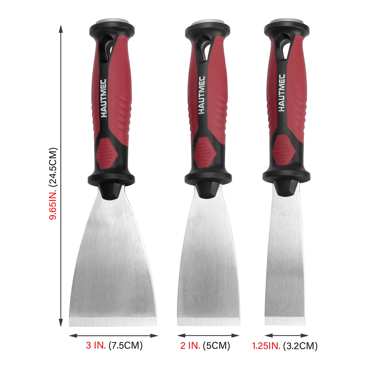 HAUTMEC 3pc Putty Knife Set, 1.25 in - 2 in - 3 in Paint Scraper, Flat Heavy Duty Stainless Steel Blade and Hammer End for Removing Wallpaper for Puttying Plaster, Cement HT0062