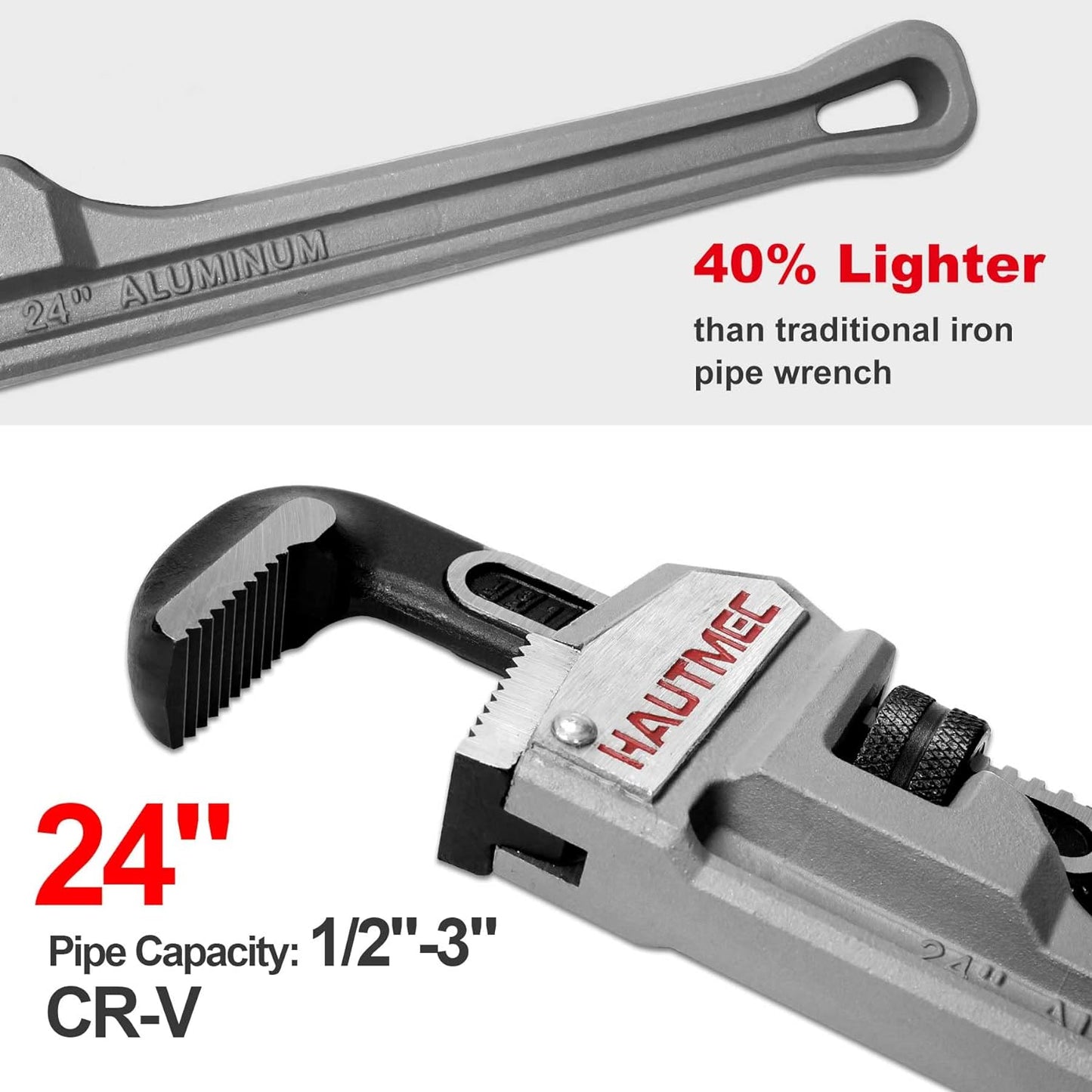 HAUTMEC 24 Inch Heavy Duty Aluminum Straight Pipe Wrench, Adjustable Plumbing Wrench, 3" Jaw Capacity, for Pipes, Tees, Ball Valves and Other Objects HT0187-PW
