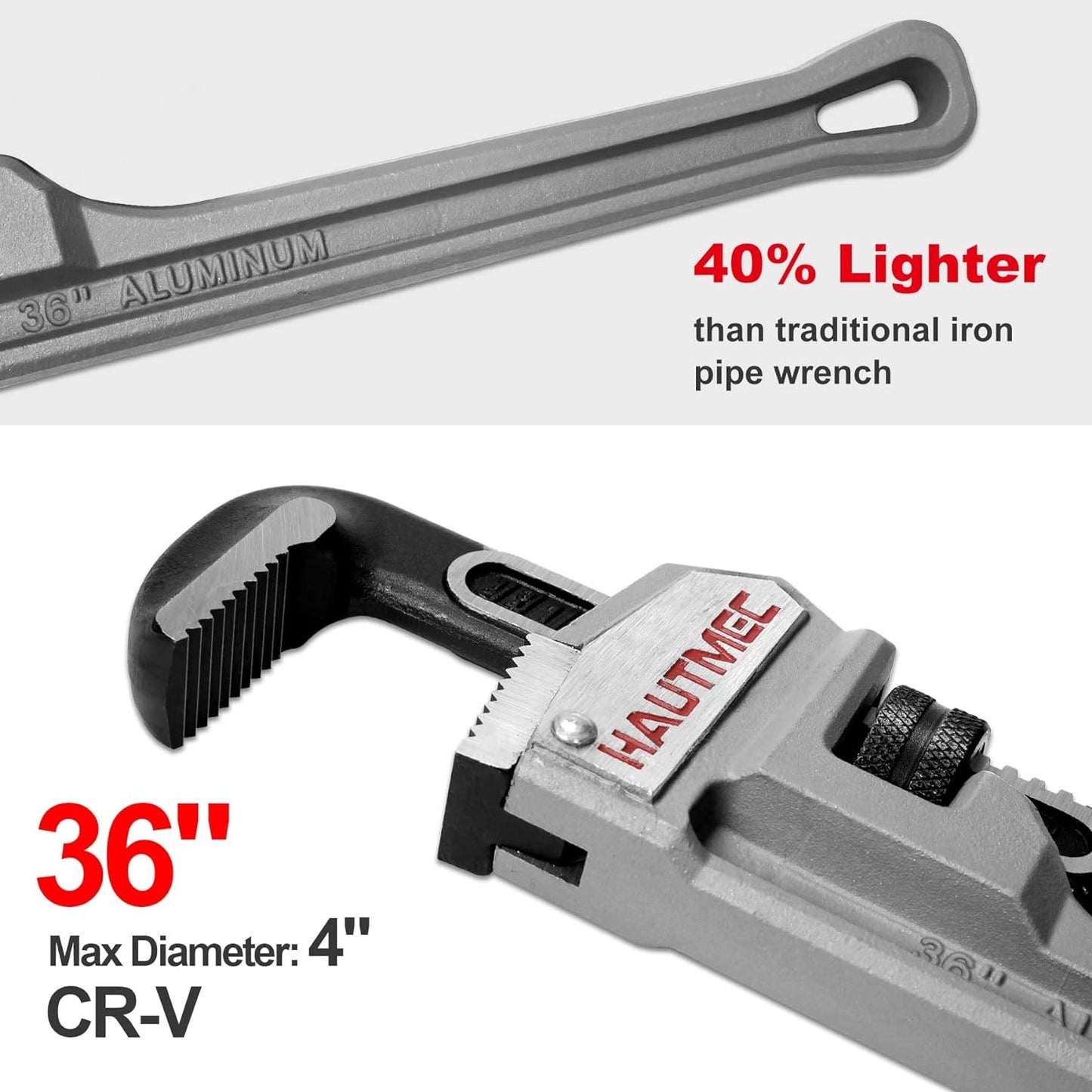 HAUTMEC 36 Inch Aluminum Straight Pipe Wrench, Heavy Duty Adjustable Plumbing Wrench, 4" Jaw Capacity, for Pipes, Tees, Ball Valves and Other Objects HT0188-PW