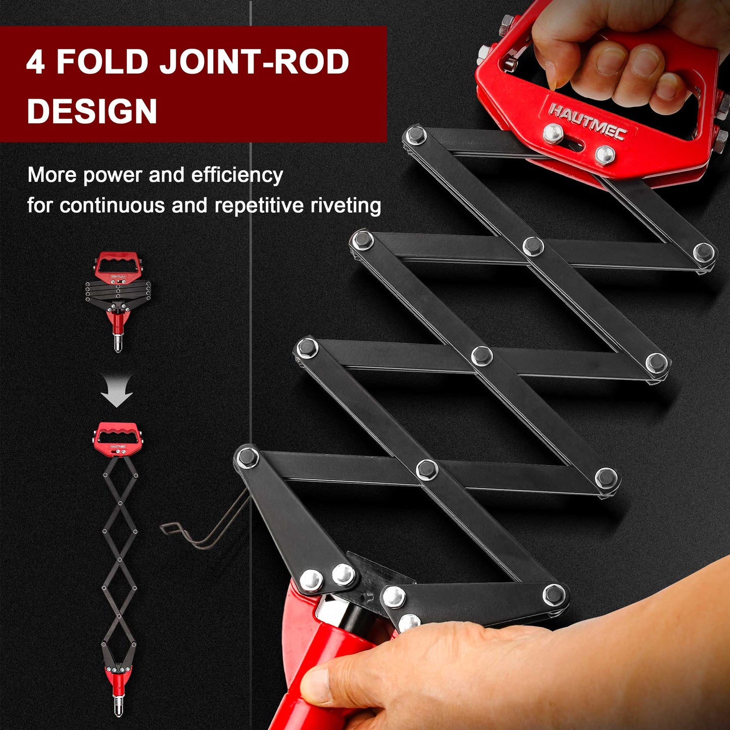 HAUTMEC Expert Heavy-Duty Lazy Tong Pop Riveter With 5 Replaceable Nosepieces, Single pull Action Riveter, Fast Riveting for industrial use HT0130-HR