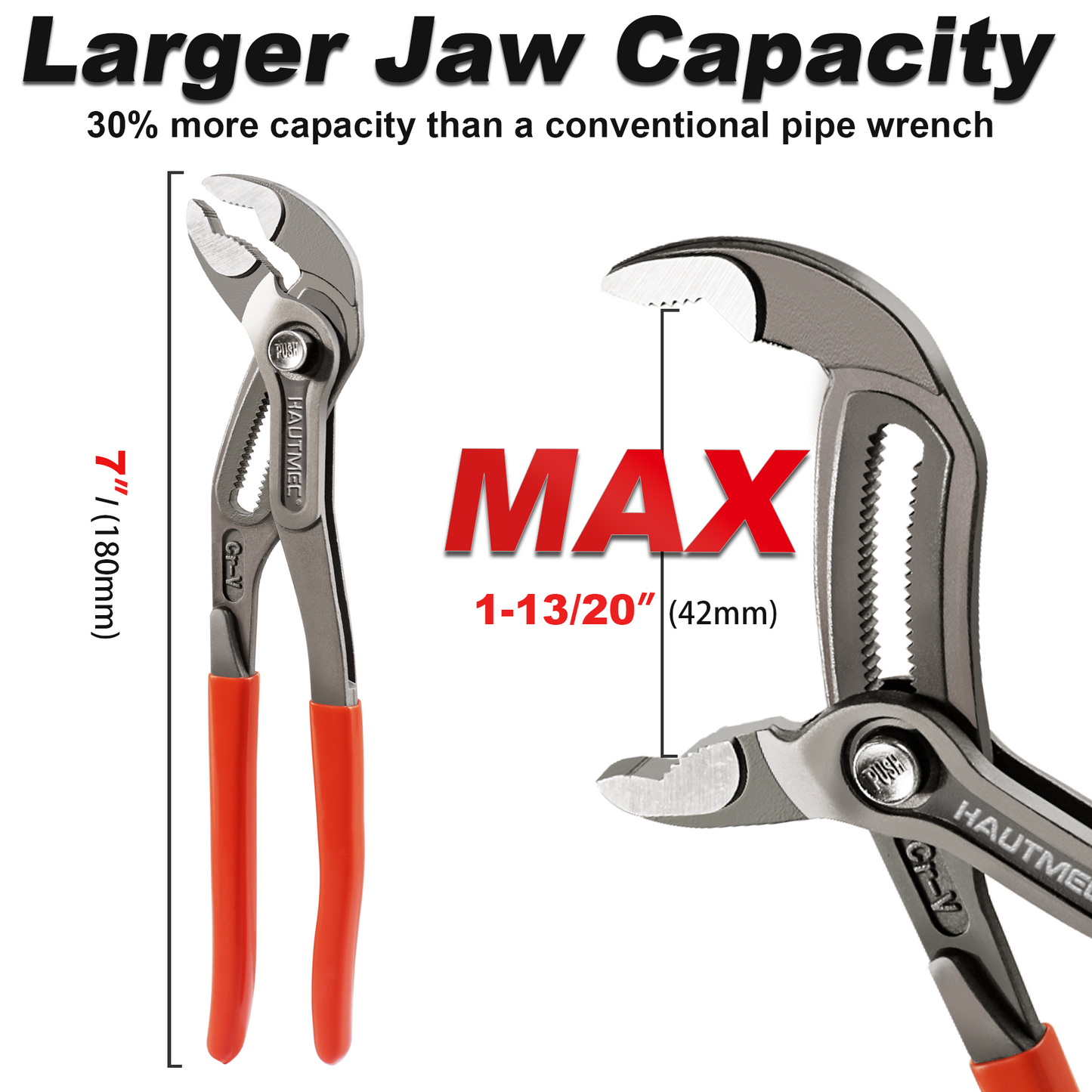 HAUTMEC 7-Inch Water Pump Pliers, Fast Adjustable Tongue and Groove Joint Pliers, V-Jaw with Comfort Grips, Rust-Proof CRV Steel Construction for Plumbing, Home Repair, and Pipe Fittings HT0366-PL