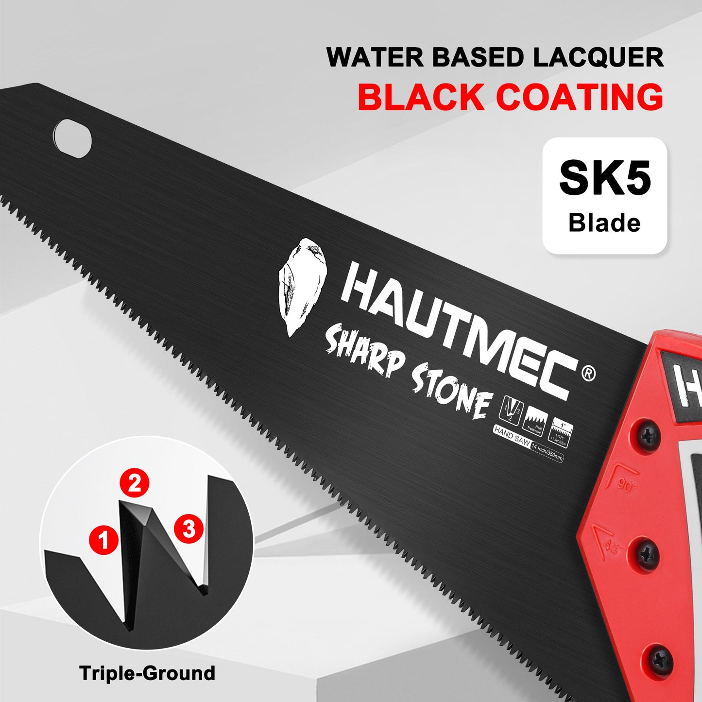 HAUTMEC 14" Pro Hand Saw, SK5 Steel Blade with Black Coated, 11 TPI Fine Cuts, Ergonomic Handle with Two Angles Marking Guide for Wood, Laminate,Branches, PVC, Sharp Stone Series, HT0301-WS