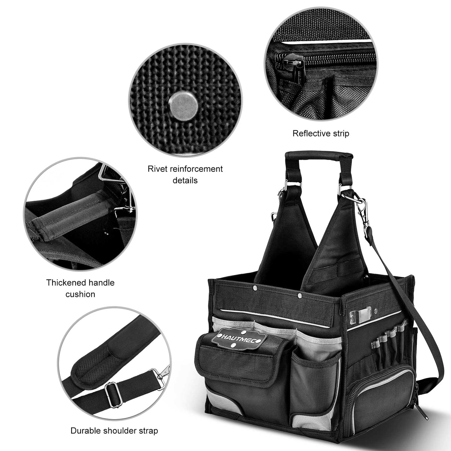 HAUTMEC Pro Electrical & Maintenance Tool Bag Tool Tote With Extra Parts Tray, 11-Inch 1680D Heavy-duty Electricians Tool Carrier, Removable Shoulder Strap and 37 Tool Storage Pockets HT0174-TB