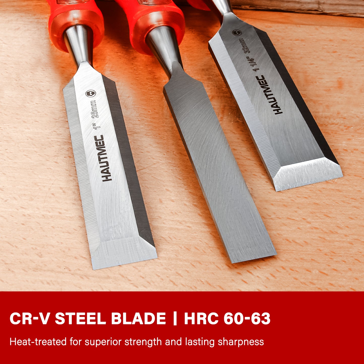 HAUTMEC 5 Piece Wood Chisel Set for Woodworking & Carving. Drop-Forged CR-V Steel Beveled Edge Blades with Ergonomic Non-Slip Handles and Heavy-Duty Strike Caps– HT0365