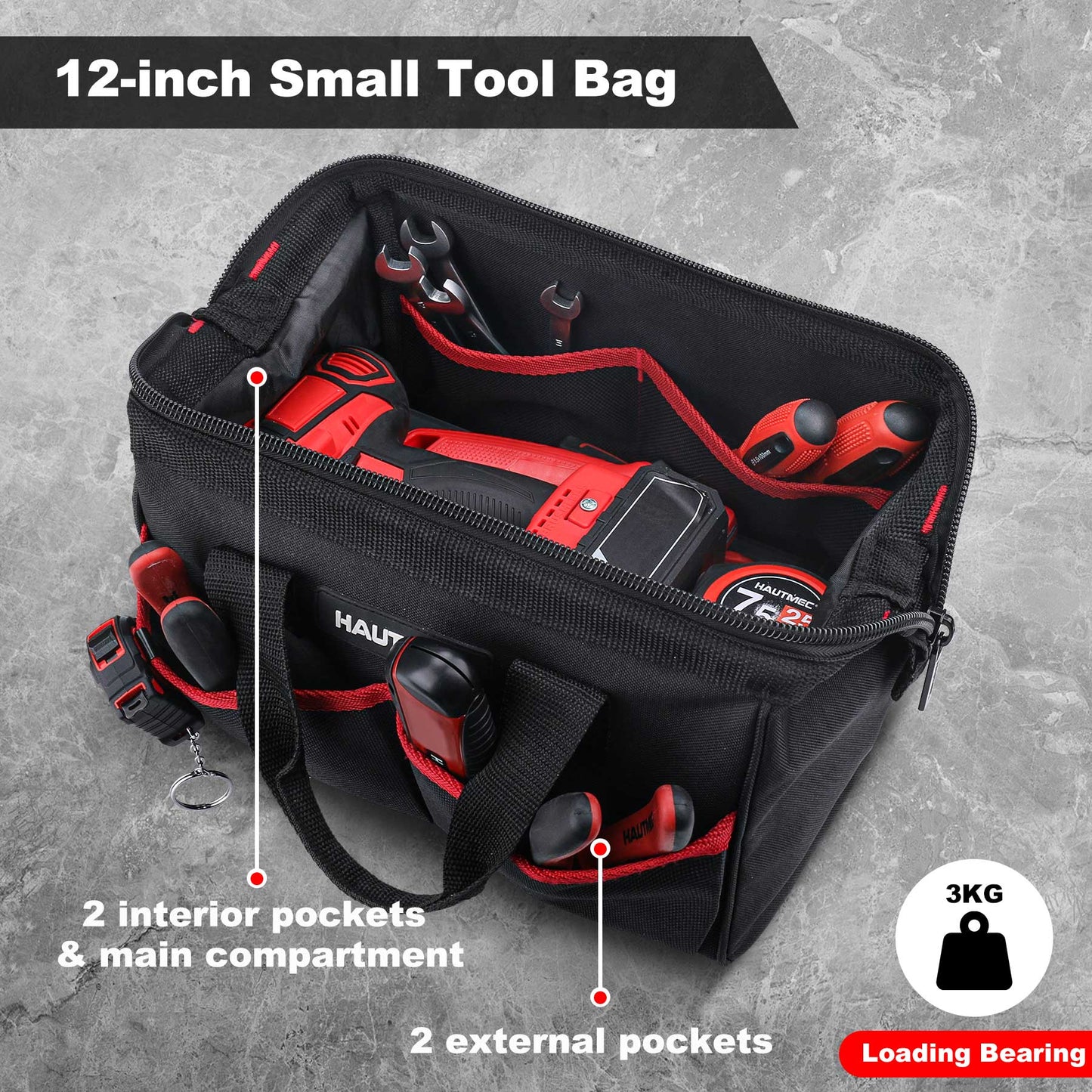 HAUTMEC 3PCS Wide Mouth Tool Bags Set, Heavy Duty Tool Bag with Large Capacity and Waterproof Base,12-inch Small Tool Bag,18-inch Medium Toolbag,24-inch Large Tool Storage Bag for Construction HT0297