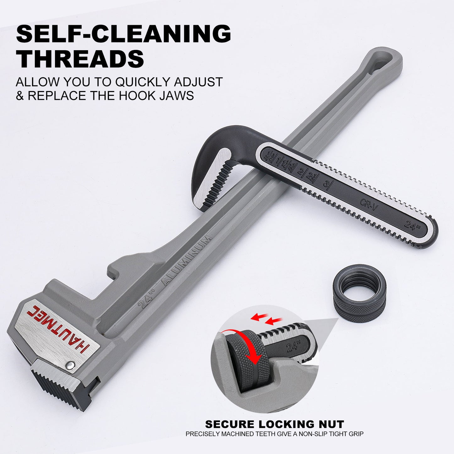 HAUTMEC 24 Inch Heavy Duty Aluminum Straight Pipe Wrench, Adjustable Plumbing Wrench, 3" Jaw Capacity, for Pipes, Tees, Ball Valves and Other Objects HT0187-PW