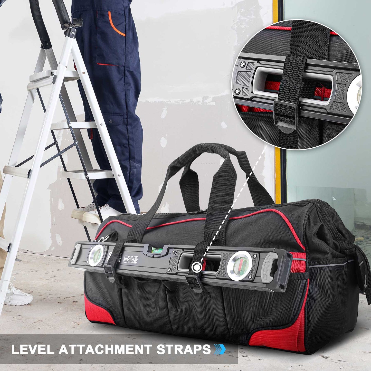 HAUTMEC 24 Inch 1680D Wide Mouth Tool Bag with Level Holder, Heavy Duty Tool Organizer Bag for Various Tools HT0284