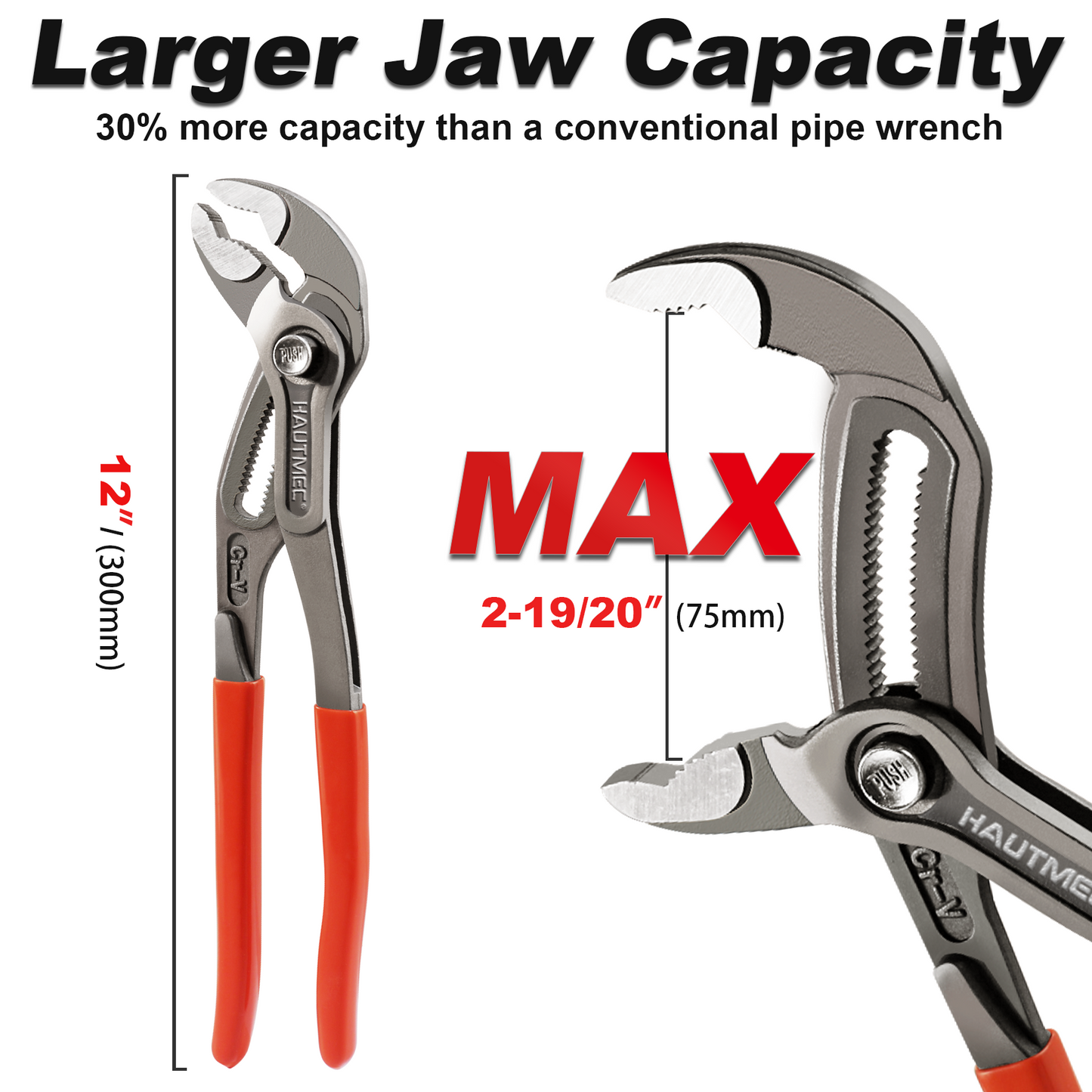 HAUTMEC 12-Inch Water Pump Pliers, Fast Adjustable Tongue and Groove Joint Pliers, V-Jaw with Comfort Grips, Rust-Proof CRV Steel Construction for Plumbing, Home Repair, and Pipe Fittings HT0368-PL