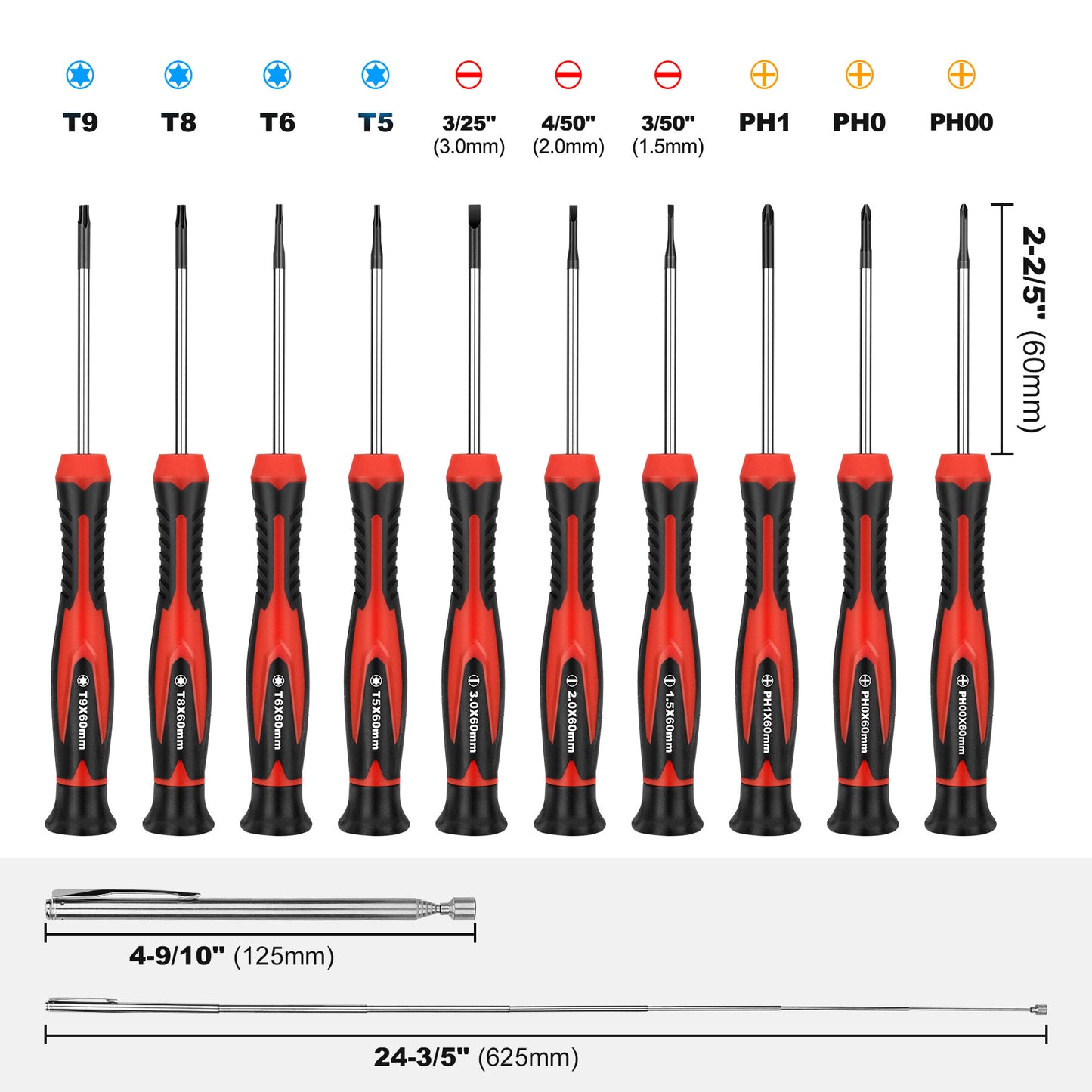 HAUTMEC 11-PCS Precision Mini Screwdriver Set with Telescoping Magnetic Pickup Tool, Phillips, Flat, Torx, Pouch, CRV Steel Shaft Magnetic Tiny Screwdriver Set for Eyeglass, Watch, Laptop, Phone, HT0421