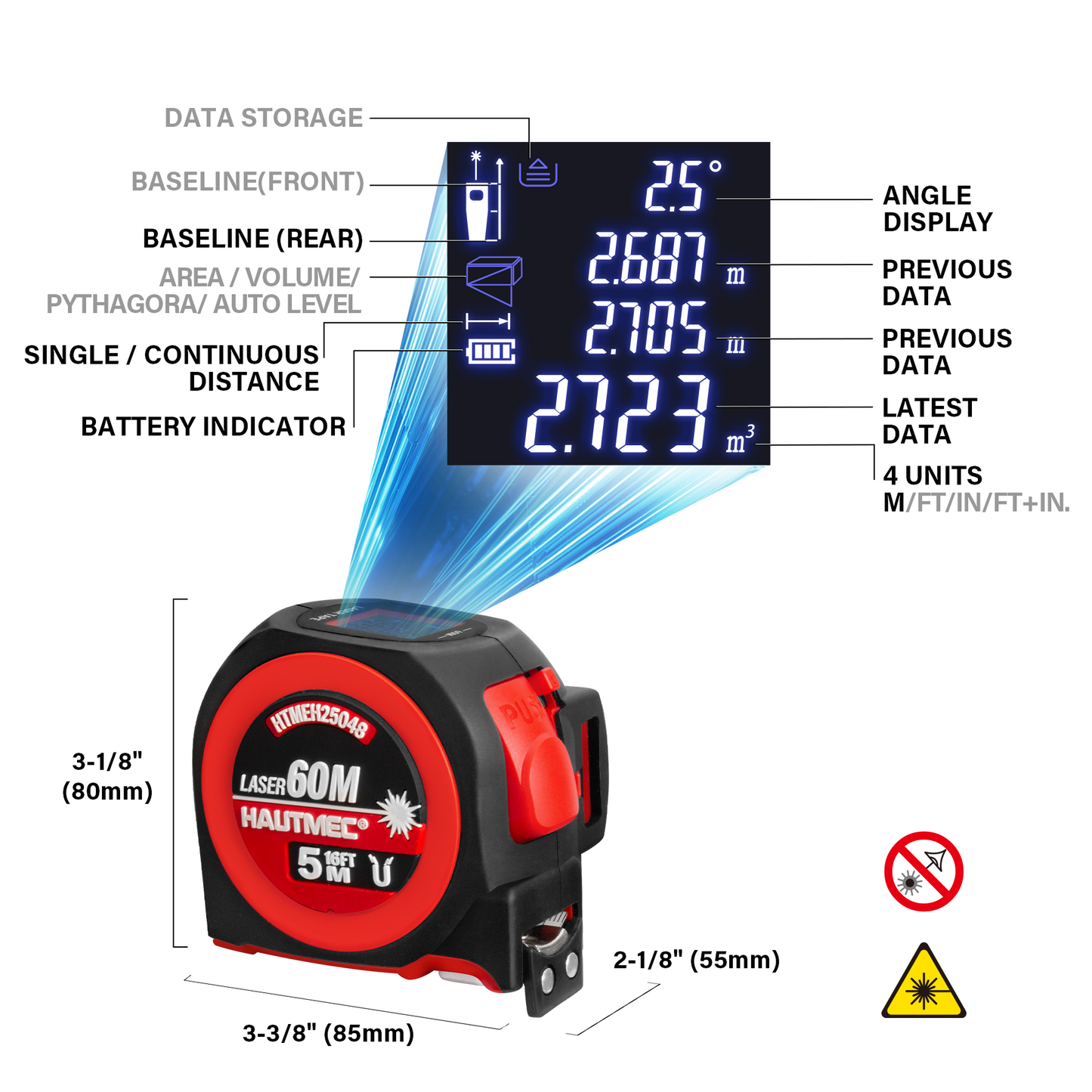 HAUTMEC 2 in 1 Digital Laser Tape Measure, 197ft/60m Digital Measuring Tape & 16ft/5m Auto Lock Tape Measure, Support to Pythagorean, Area, Volume Rechargeable, for Construction 25048