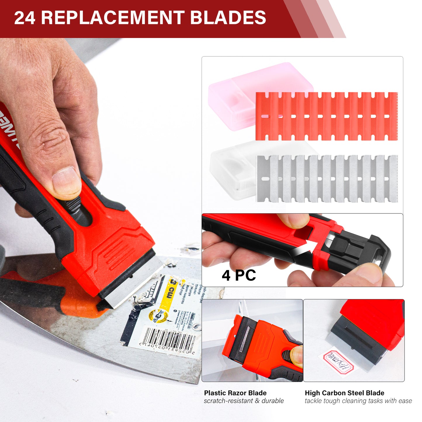 HAUTMEC Razor Blade Scraper Tool With 24Pcs Extra Blades, 10 Plastic Rozor Blades, 14 Carbon Steel Razor Blades, Removing Decals, Stickers, Labels for Glass, Tile, Window, Car, Cooktops HTPBM25031