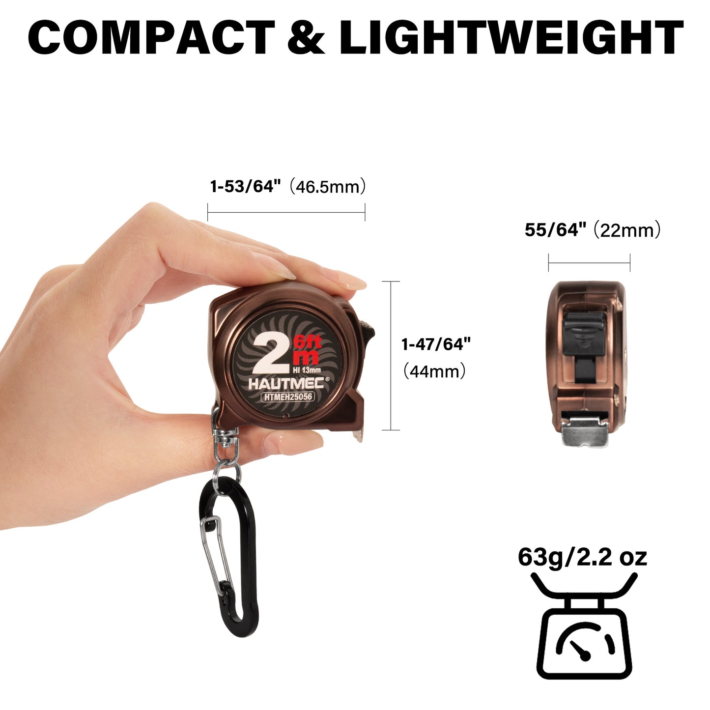 HAUTMEC Mini Tape Measure, Brown 3PCS 6FT/2M Small Measuring Tape, Metric & Imperial Scales, Retractable Pocket Keychain Measurement,ABS Protective Casing, Suitable for Homeowners, HTMEH25056