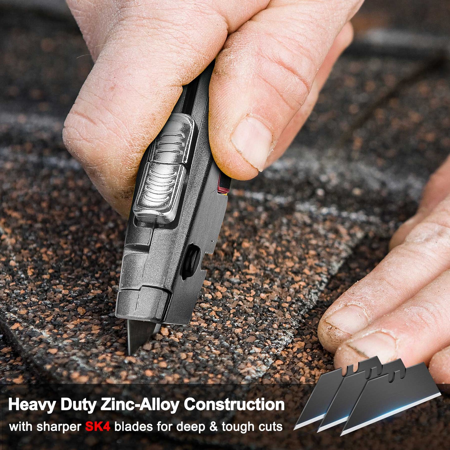 HAUTMEC Heavy Duty Utility Knife With Dual Cutting Mechanism: Safety Auto-Retracting Cutting + Precision 3 Position Depth Tough Cutting, Professional Box Cutter With 3 Black Sk4 Blades, HT0311