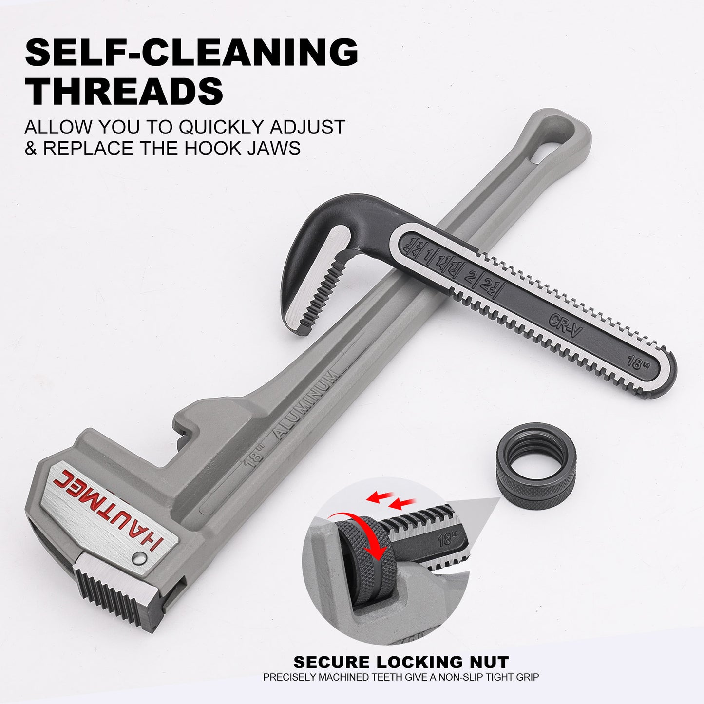 HAUTMEC 18 Inch Aluminum Straight Pipe Wrench,Heavy Duty Adjustable Plumbing Wrench, 2-1/2" Jaw Capacity,for Pipes, Tees, Ball Valves and Other Objects HT0186-PW