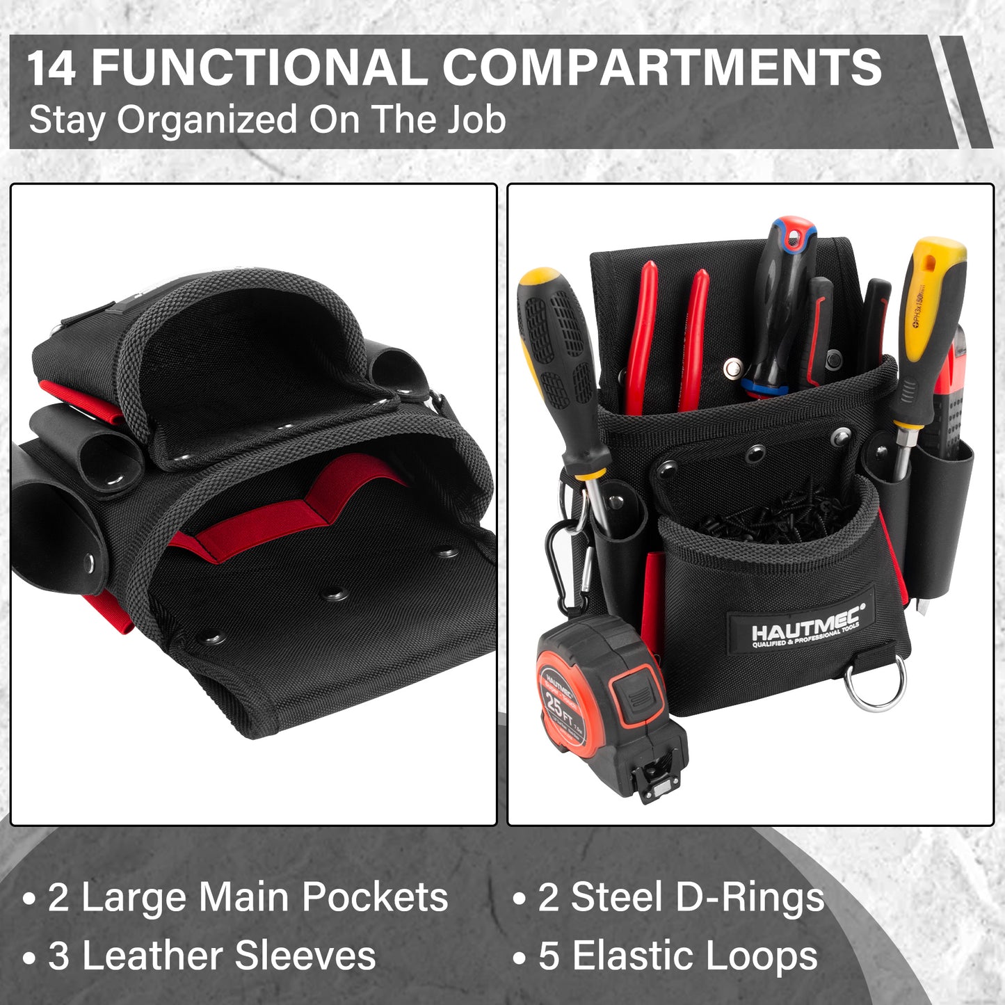 HAUTMEC Heavy-Duty Tool Belt Pouch, 1680D Polyester with Leather Pockets, EVA Reinforced Lining, Multi-Pocket Utility Pouch with Riveted Stress Points, Fits 2-3/4" Belts – HT0411