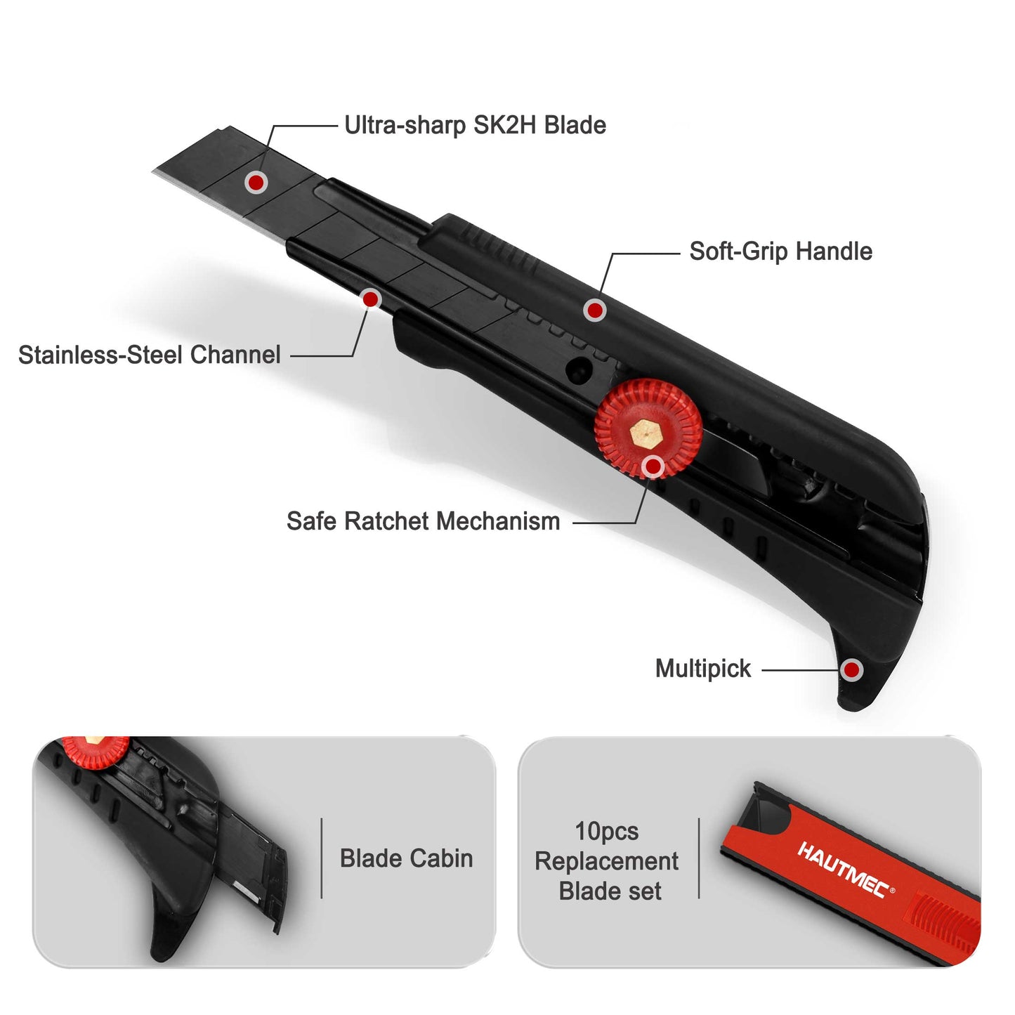 HAUTMEC 18mm Heavy Duty Utility Knife with Multi-Pick and 10pcs Blade set, Snap Off Ultra-Sharp Black Retractable Box Cutter, Ratchet & Soft-grip Cutter HT0249-KN