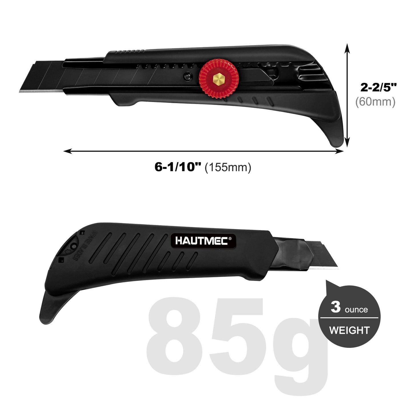 HAUTMEC 18mm Heavy Duty Utility Knife with Multi-Pick, Snap Off Ultra-Sharp Black Retractable Box Cutter, Ratchet & Soft-grip Cutter HT0248-KN