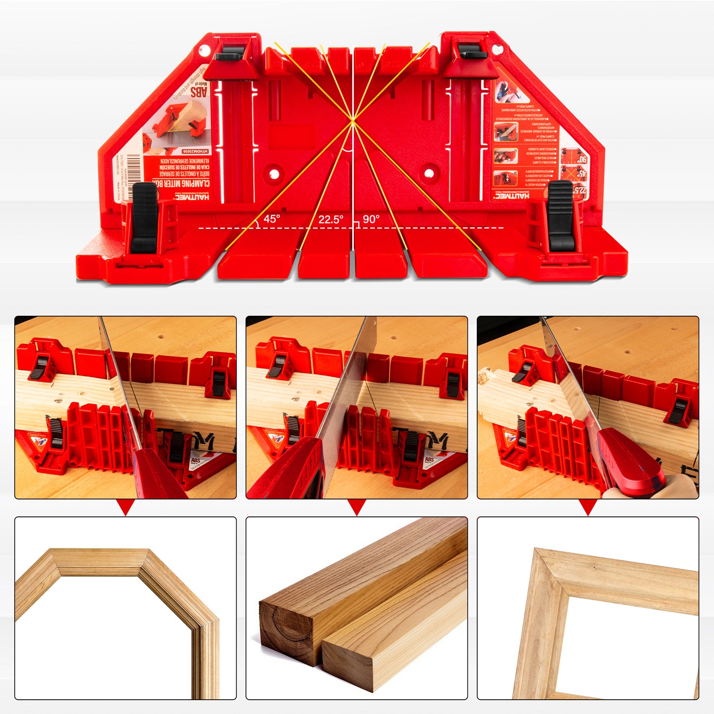 HAUTMEC 14 Inch Clamping Miter Box with Adjustable Jaw & 4 Anti-Slip Clamps, Heavy Duty ABS Mitre Saw Box with 22.5°, 45°, 90° Cutting Angles for Woodworking, Trim, Frames, DIY Projects – HTHDM25036