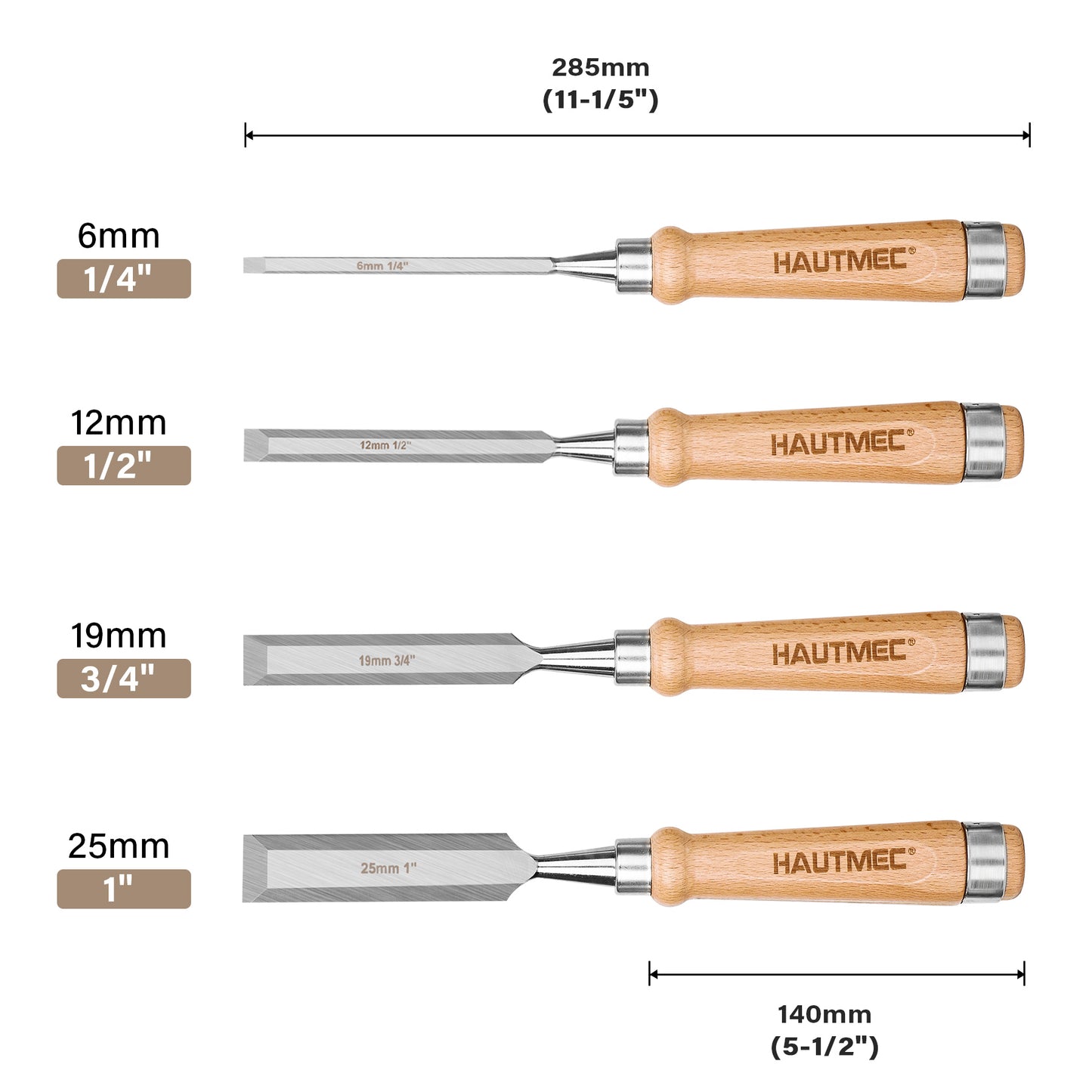 HAUTMEC 4PCS Wood Chisel Set for Woodworking, Carpentry Carving Tool with Bevel Edged Steel Blade, High Impact Handle for Woodcutting Sharpening HT0235-WW