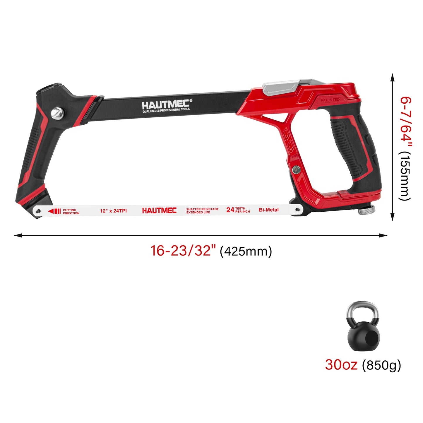 HAUTMEC 12" Fast Tension Hacksaw with Extra 5 HSS Blades, Heavy-Duty Aluminum Frame, Quick-Change Tension, Blade Storage, Pro Hack Saw with Dual Cutting Angles for Metal, PVC, Wood - HTHSH25034