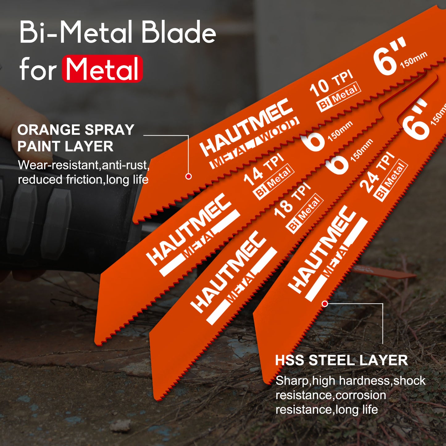 HAUTMEC 6-Inch Reciprocating Saw Blades，Bi-Metal Sawzall Blades,Pruner Saw Blades 6-Pieces Set for Wood Metal Cutting HT0166-CT