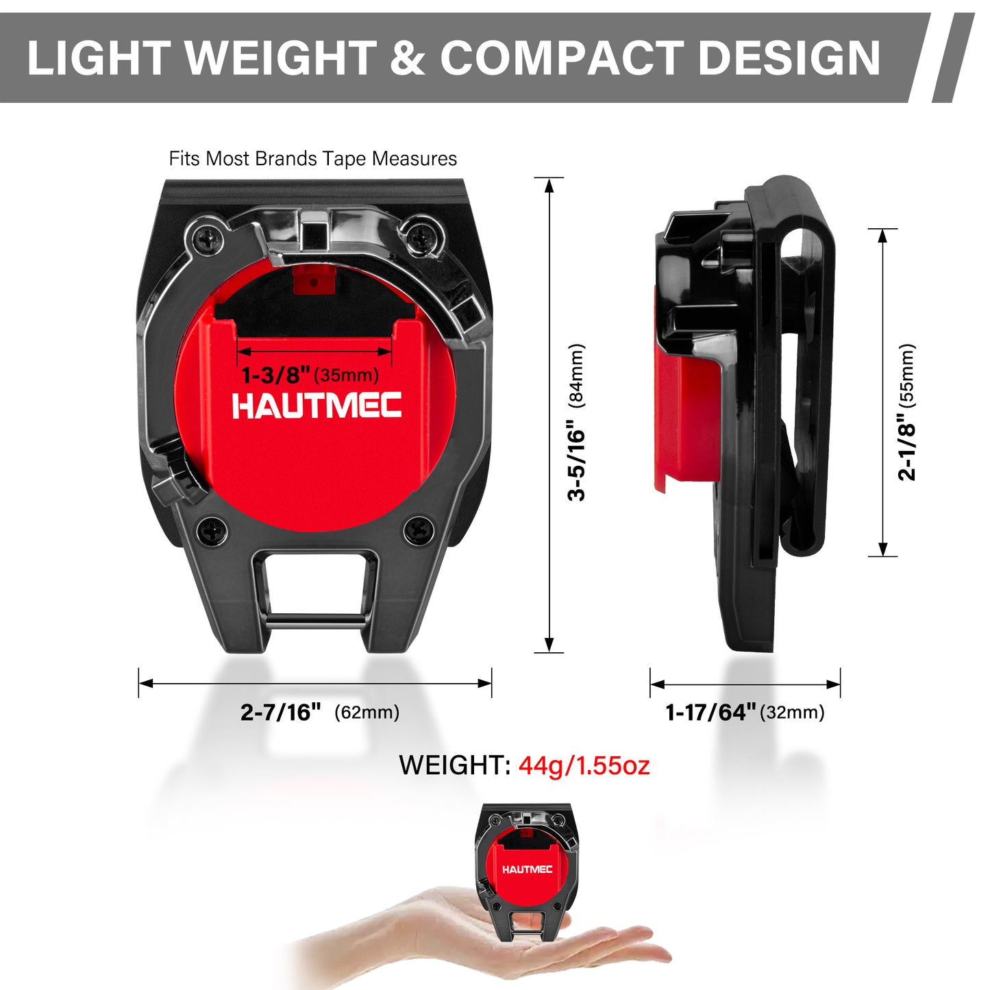 HAUTMEC Tape Measure Holder for Tool Belt Clip,Widen Locking Belt Clip up to 2-1/8" with Rotating Latch Tape Measure Clip Compact & Portable Measuring Tape Holder HTMEM25049