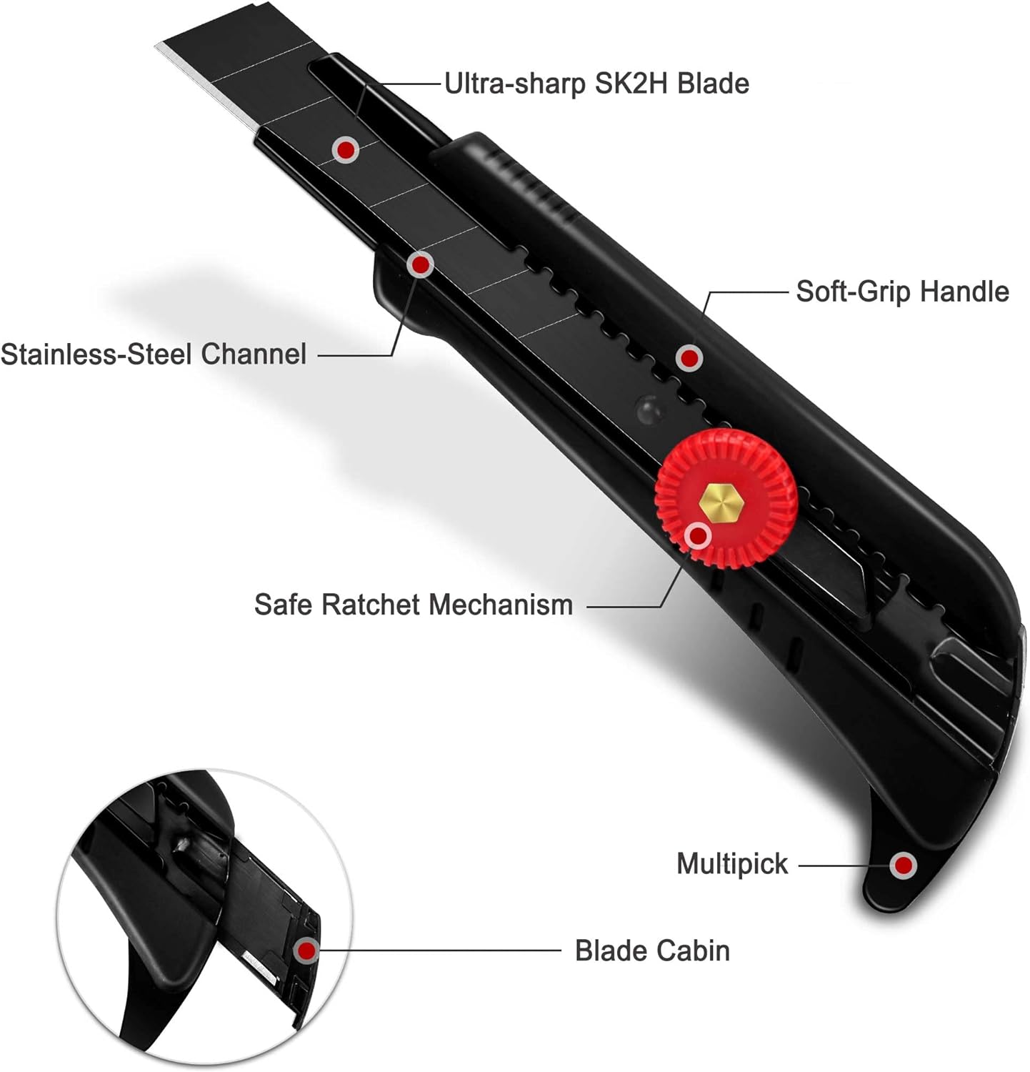 HAUTMEC 18mm Heavy Duty Utility Knife with Multi-Pick, Snap Off Ultra-Sharp Black Retractable Box Cutter, Ratchet & Soft-grip Cutter HT0248-KN