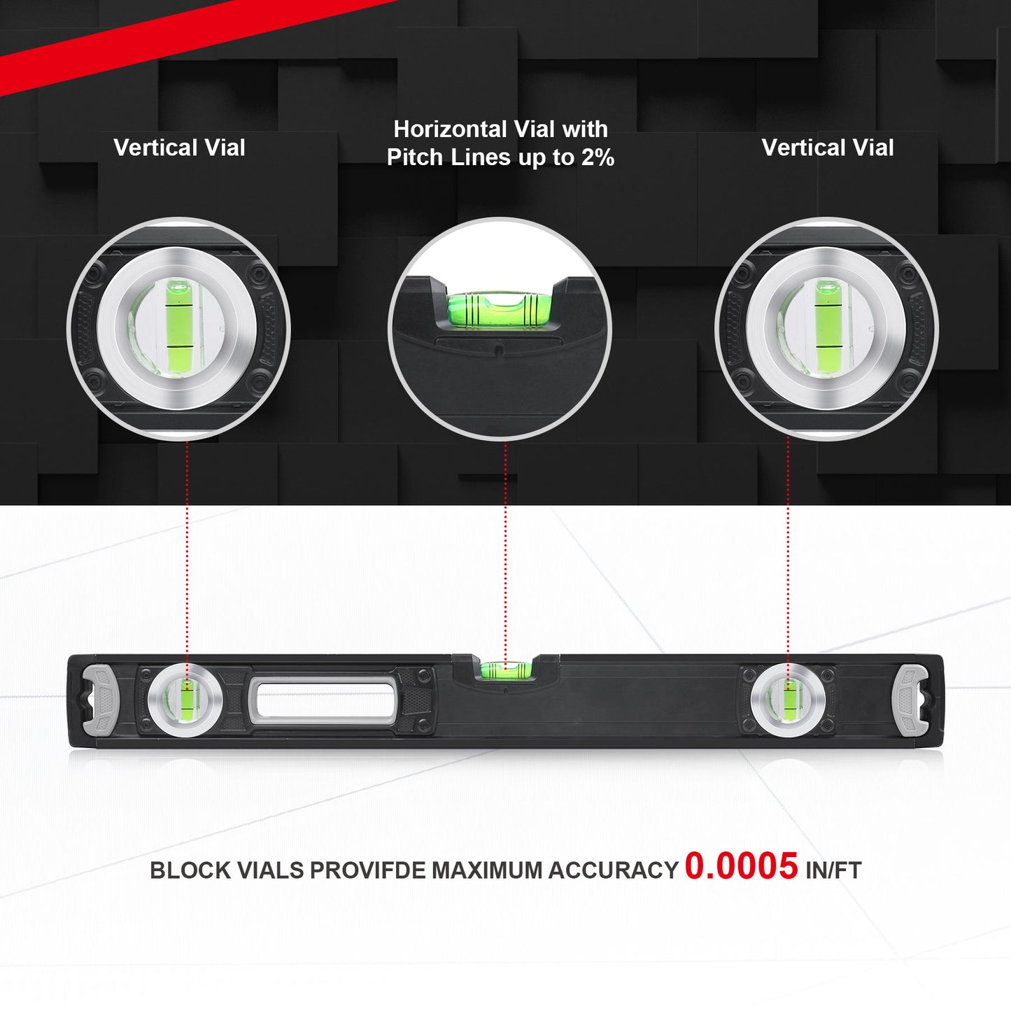 HAUTMEC 24-Inch Box Beam Spirit Level,Heavy Duty Aluminium Frame with 3 Bubble Vials HT0118-LE