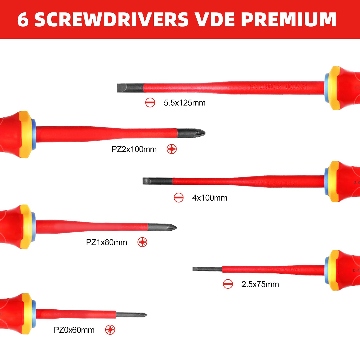 HAUTMEC 1000V 6Piece VDE Insulated Screwdrivers Set with Forged S2 Shanks, Magnetic Tips, Tri-Material Cushion Grip, Professional Electrician Screwdriver Kit, HT0331