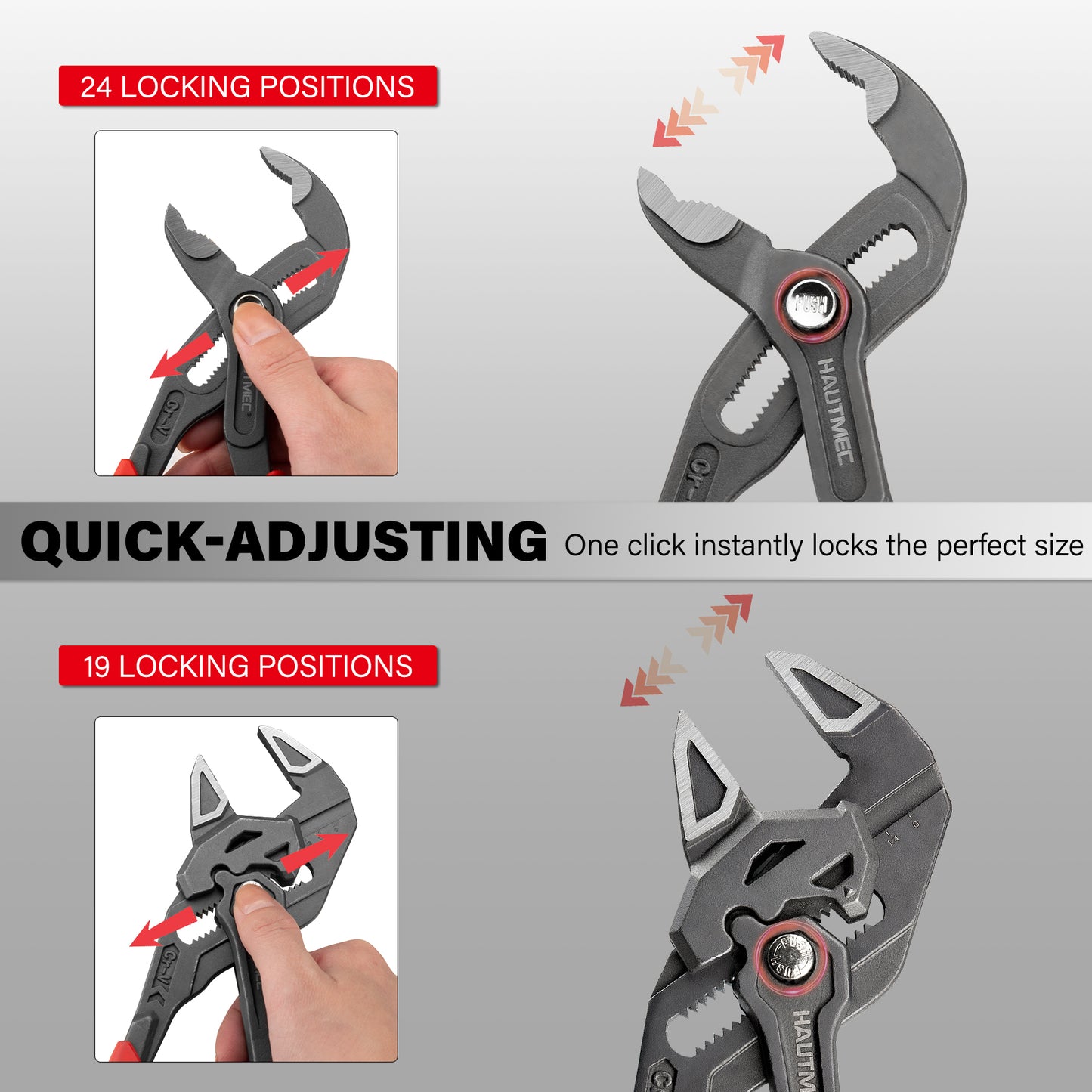 HAUTMEC  2-Piece 10 Inch Adjustable Pliers Wrench & Water Pump Pliers, Parallel Smooth Jaw & V-Jaw, CR-V Steel, Fast Adjustable Tongue and Groove Joint Pliers for Plumbing, Mechanical, Home Repair HTAWH25027