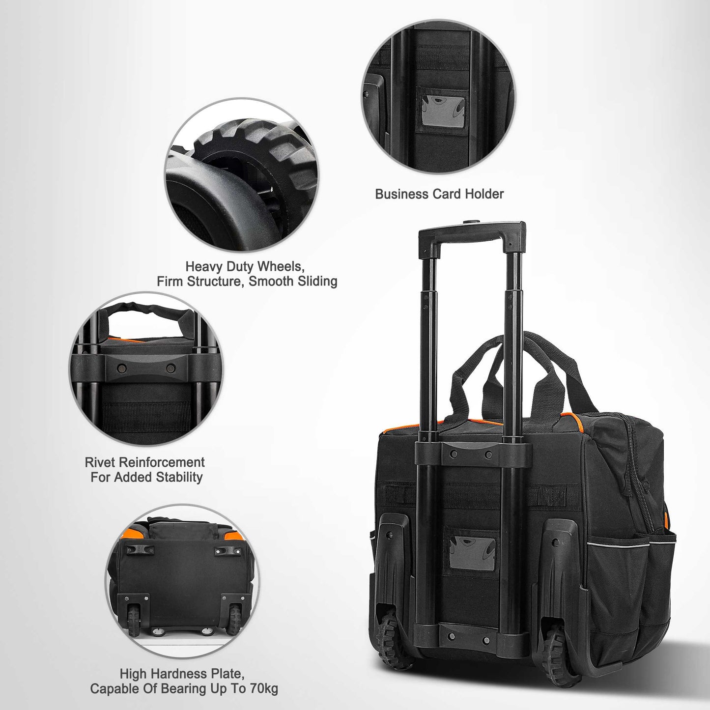 HAUTMEC 14.5" Rolling Tool Bag With Wheels Portable Tool Bag With Adjustable Telescoping Handle Wide Mouth Storage Organizer Perfect Mens Gifts, 600D Orange,HT0353