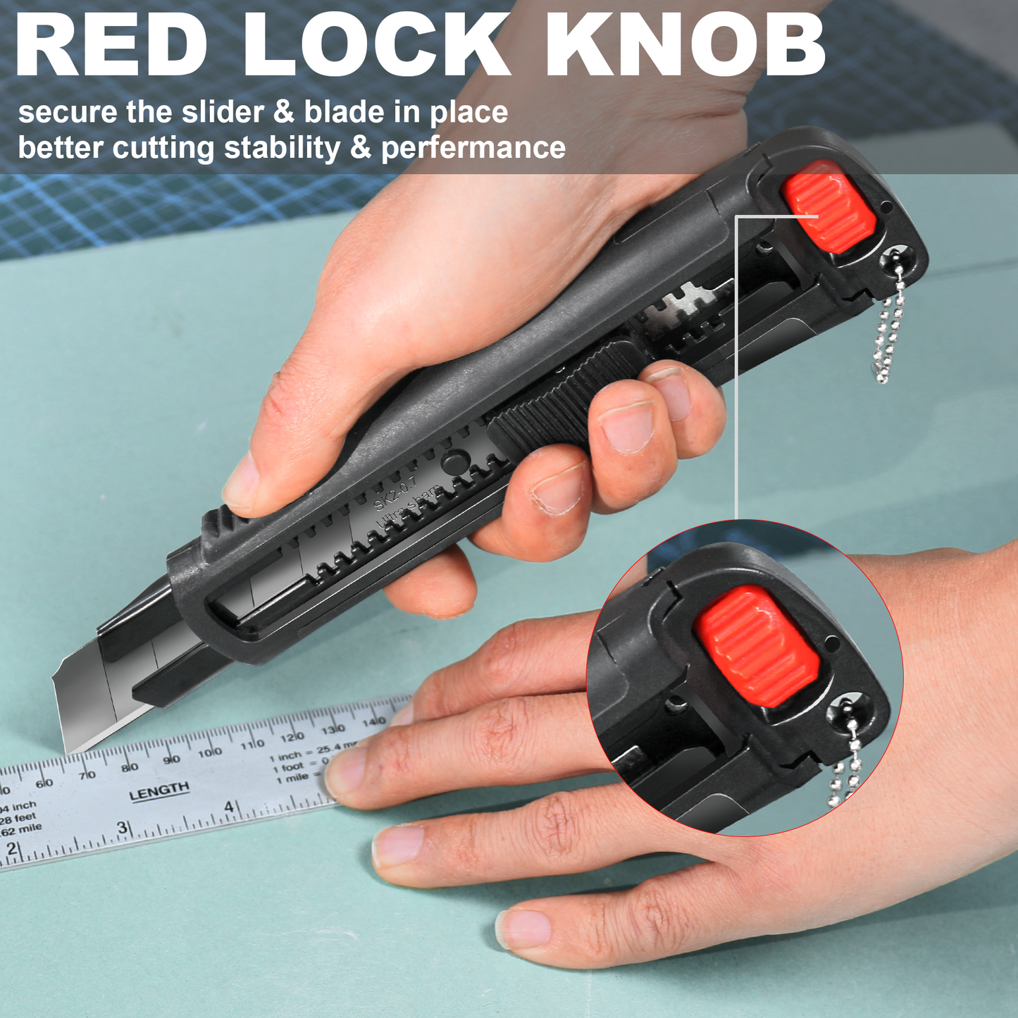 HAUTMEC 25mm Extra Heavy Duty Utility Knife with Double Lock Mechanism, Auto-Lock and Ratchet- Lock for Double Safety, SK2 Sharp Black Blade for Industrial or Construction Applications HT0254-KN