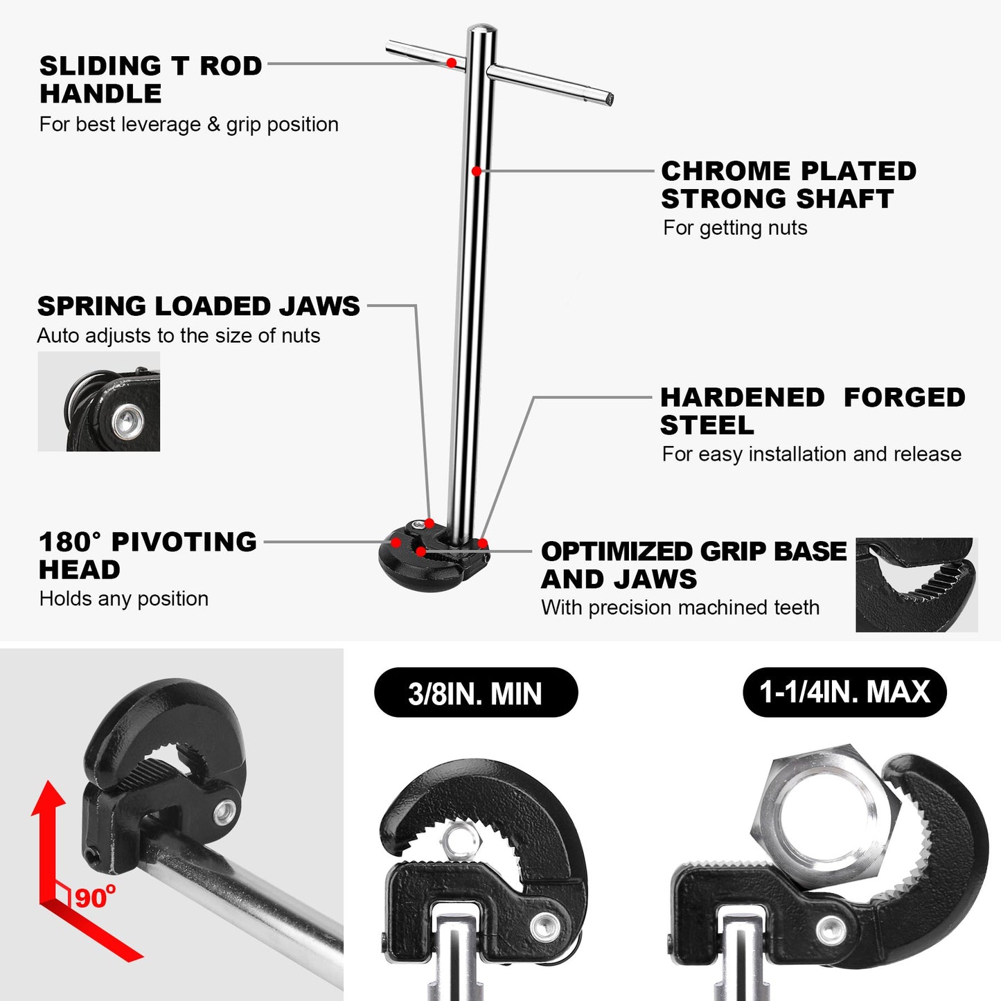 HAUTMEC 11 Inch Basin Wrench to Get into Tight Spaces with 3/8'' to 1-1/4'' Capacity for Faucet Hex Nuts Under Sink, PL0024