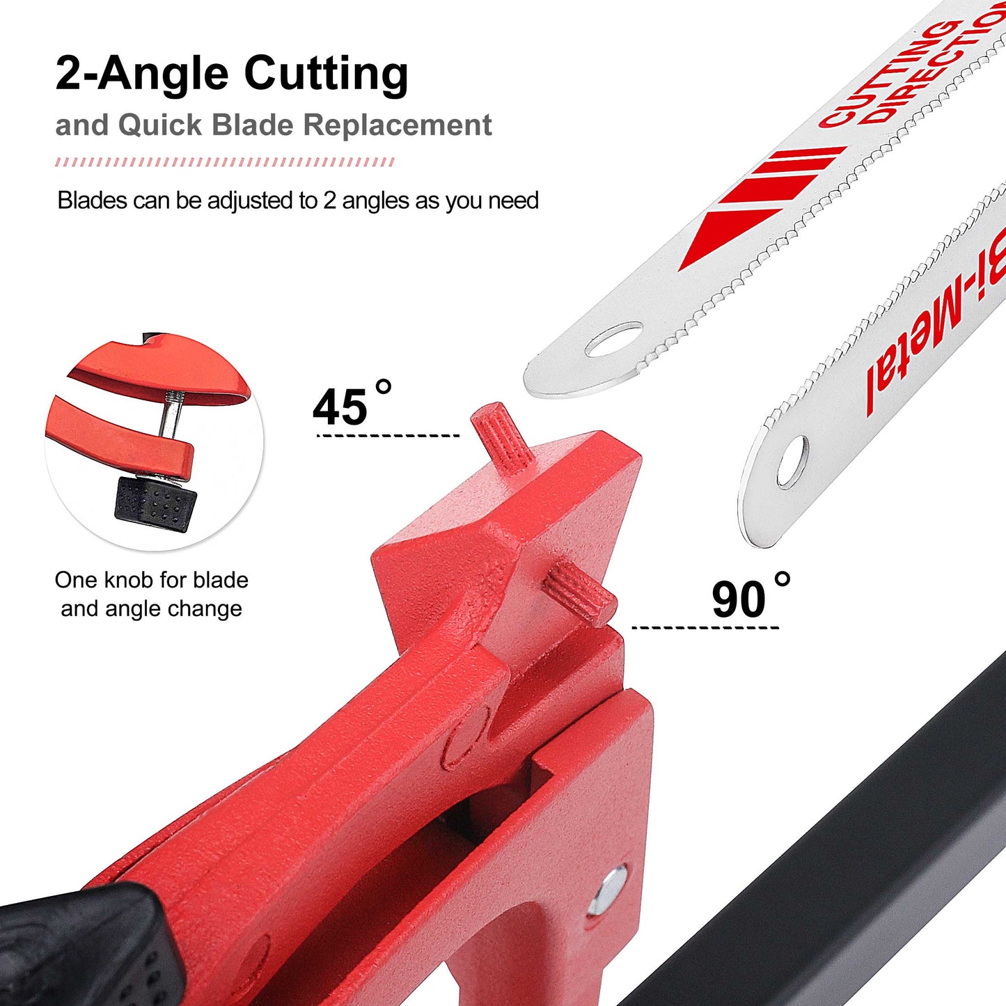 HAUTMEC 12 Inch Adjustable Hacksaw Frame With Blade Cabin, Heavy Duty 45°/90°2 Sawing Angles, 24 TPI High Tension Bi-metal HSS Blade, for Metal, Steel Pipe, PVC, Wood HT0015-CT