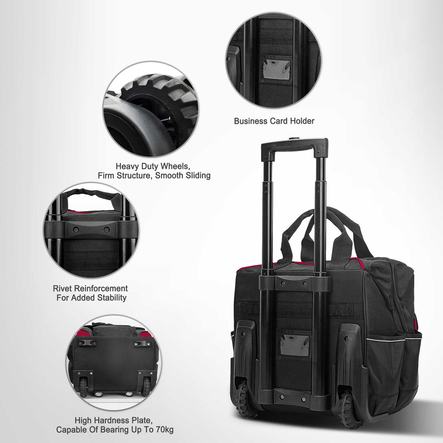 HAUTMEC 14.5" Rolling Tool Bag With Wheels Portable Tool Bag With Adjustable Telescoping Handle Wide Mouth Storage Organizer Perfect Mens Gifts, 600D Red, HT0179
