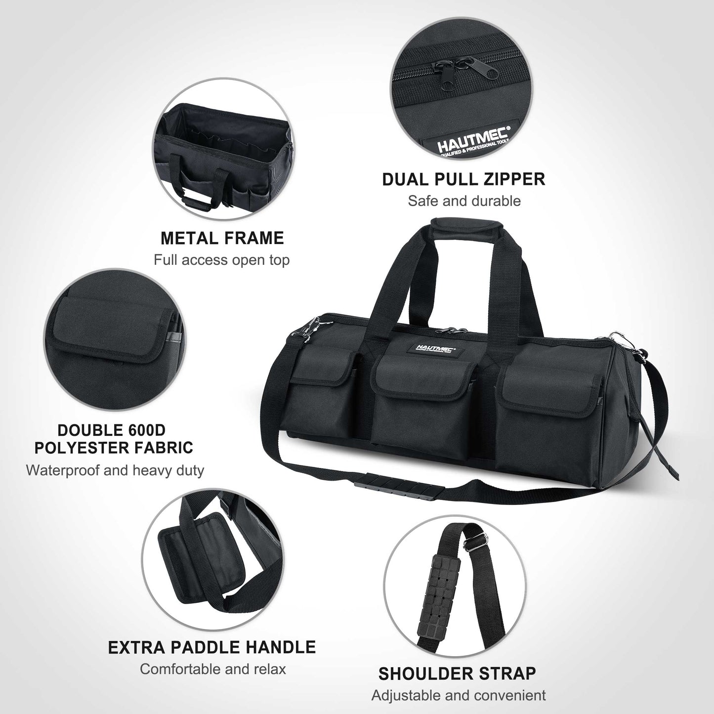 HAUTMEC 24" Contractor Heavy Duty Tool Bag, All Black HT0184-TB