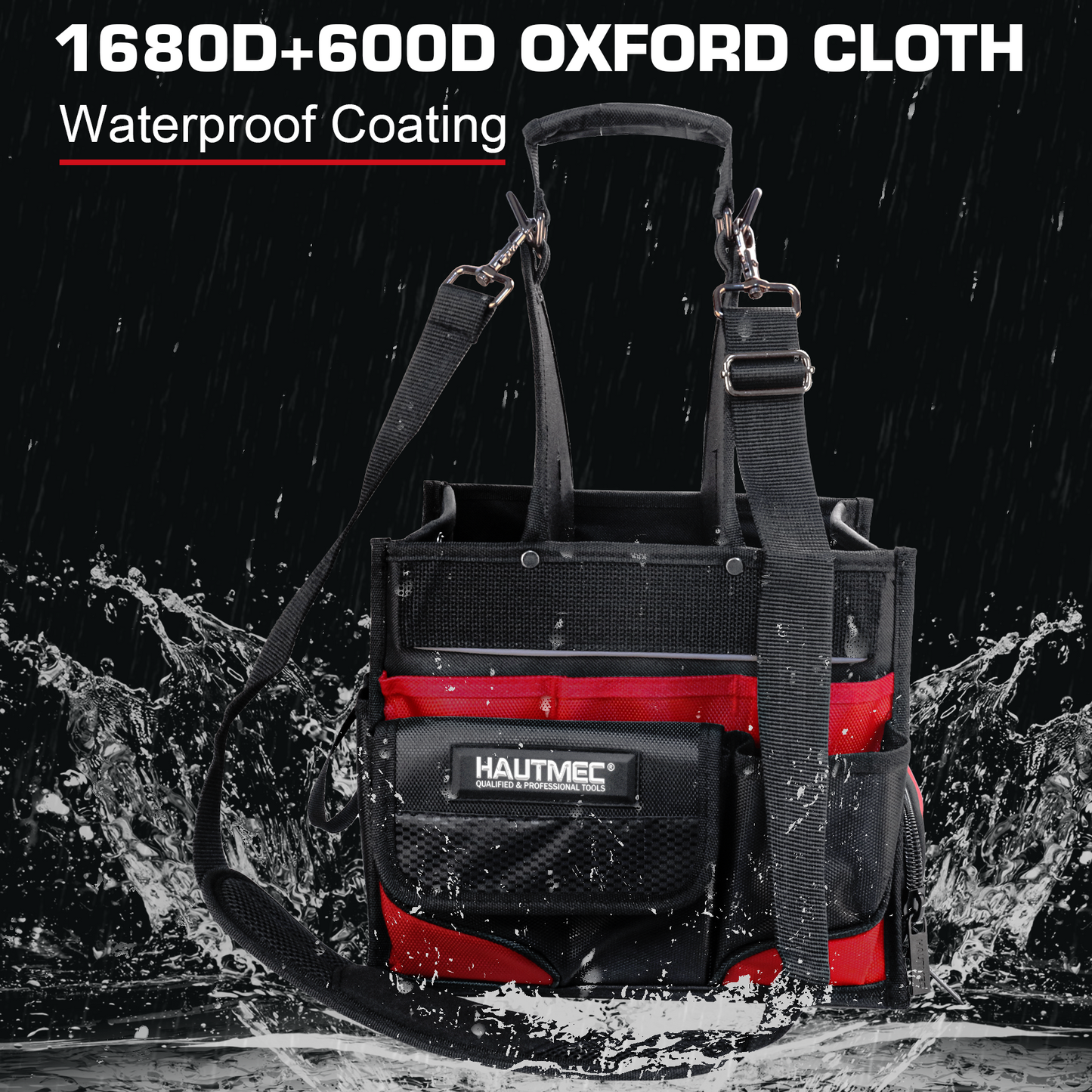HAUTMEC Electrician Tool Bag with Parts Tray, Heavy-Duty 37-Pocket Open Top Tool Tote, Reinforced Base, Water-Resistant, Adjustable Shoulder Strap – HT0174