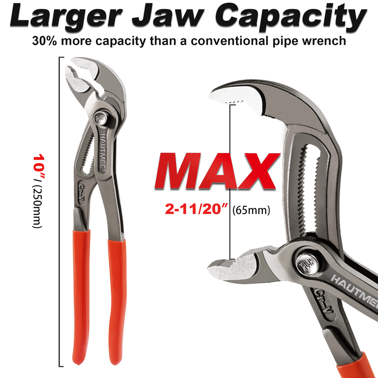 HAUTMEC 10-Inch Water Pump Pliers, Fast Adjustable Tongue and Groove Joint Pliers, V-Jaw with Comfort Grips, Rust-Proof CRV Steel Construction for Plumbing, Home Repair, and Pipe Fittings HT0367-PL