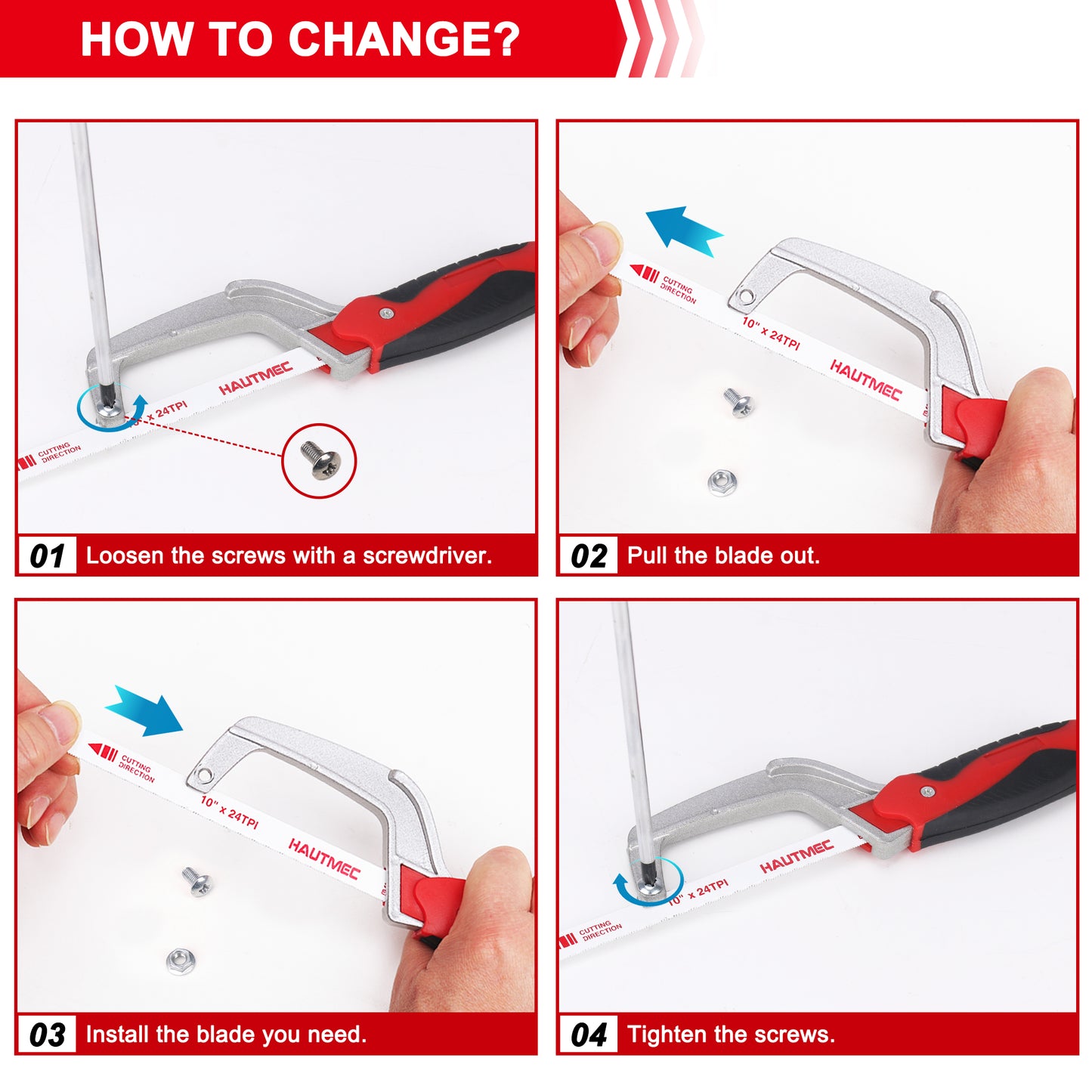 HAUTMEC Mini Hacksaw – Compact Hand Hack Saw Metal Frame With 3 PCS Bimetal HSS Blade, Especially cuts in Tight Hard-Reach Spaces, HT0355-MS