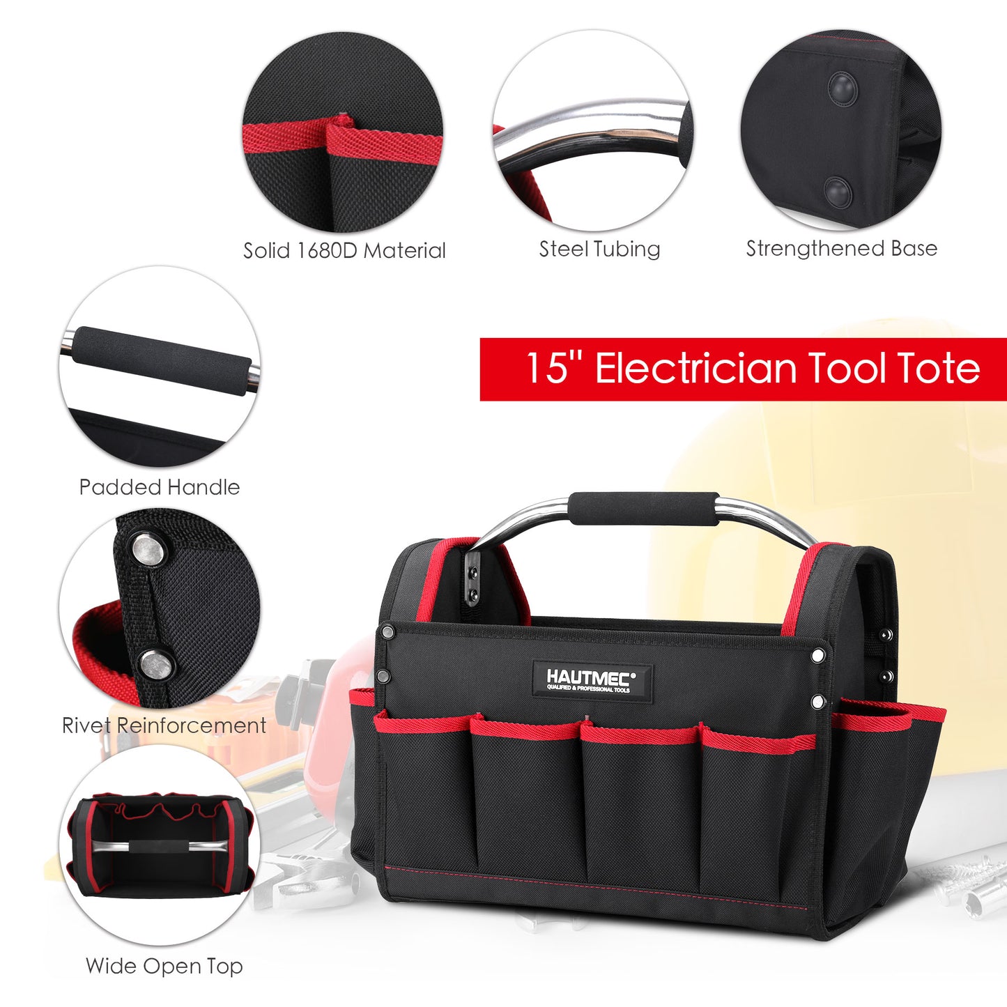HAUTMEC 3PCS Tool Organizer Set, 18” Waterproof Tool Bag with Wheels,15” Electrician Tool Tote and 12” Wide Mouth Tool Bag 1680D Professional Heavy Duty and Portable Rolling Tool Bag HT0287-TB