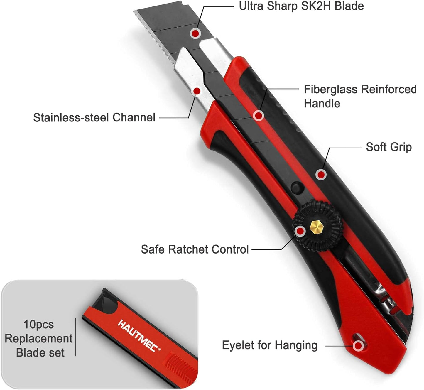 HAUTMEC 25mm Extra Heavy-Duty Utility Knife with 10pcs Blade set, Multi-Purpose Snap-off Box Cutter, Ratchet-lock Mechanism, Reinforced Fiberglass Handle HT0251-KN