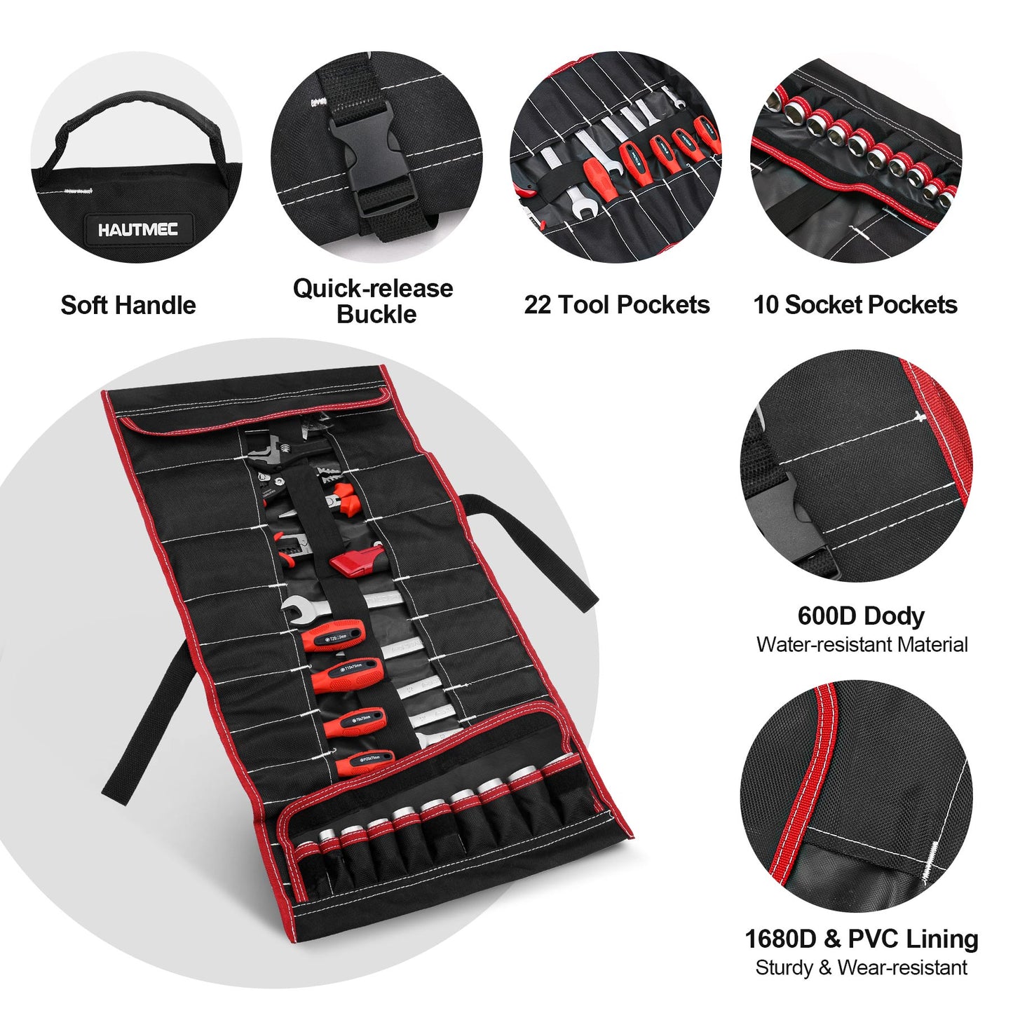 HAUTMEC 600D Tool Roll Bag, 32-Pocket Wrench Organizer, Multi-purpose Tool Roll Up Bag, Large Space Military Tool Bag HT0069-TB