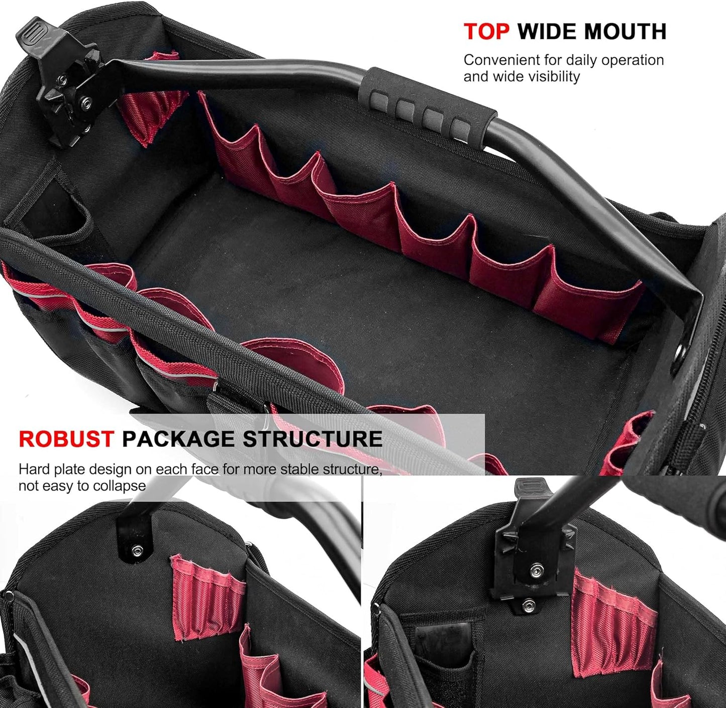 HAUTMEC Open Top Electrician Tool Bag with Rotating Handle, Heavy Duty Multiple 39 1680D Pockets, 18" (47cm) Wide Stiff Frame Tote Bag, Electrical and Maintenance Tote Tool Box HT0178-TB