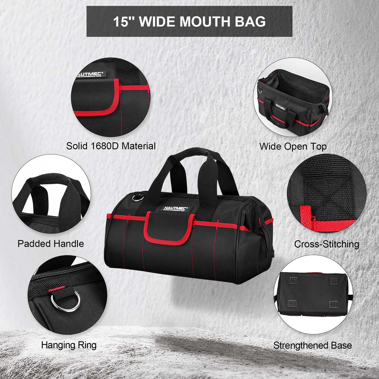 HAUTMEC 2PCS Tool Organizer Set, 15”Rolling Tool Bag with Wheel and 15" Wide Mouth Tool Bag,1680D Heavy Duty and Portable Rolling Tool Bag HT0288-TB