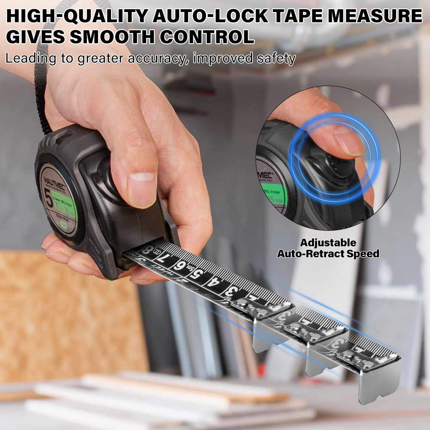 HAUTMEC Tape Measure 16ft/5m Dual Scale Metric Measuring Tape, Auto-Lock with Nylon Coated Blade & Rubber Case, for Construction, Woodworking, DIY HT0100