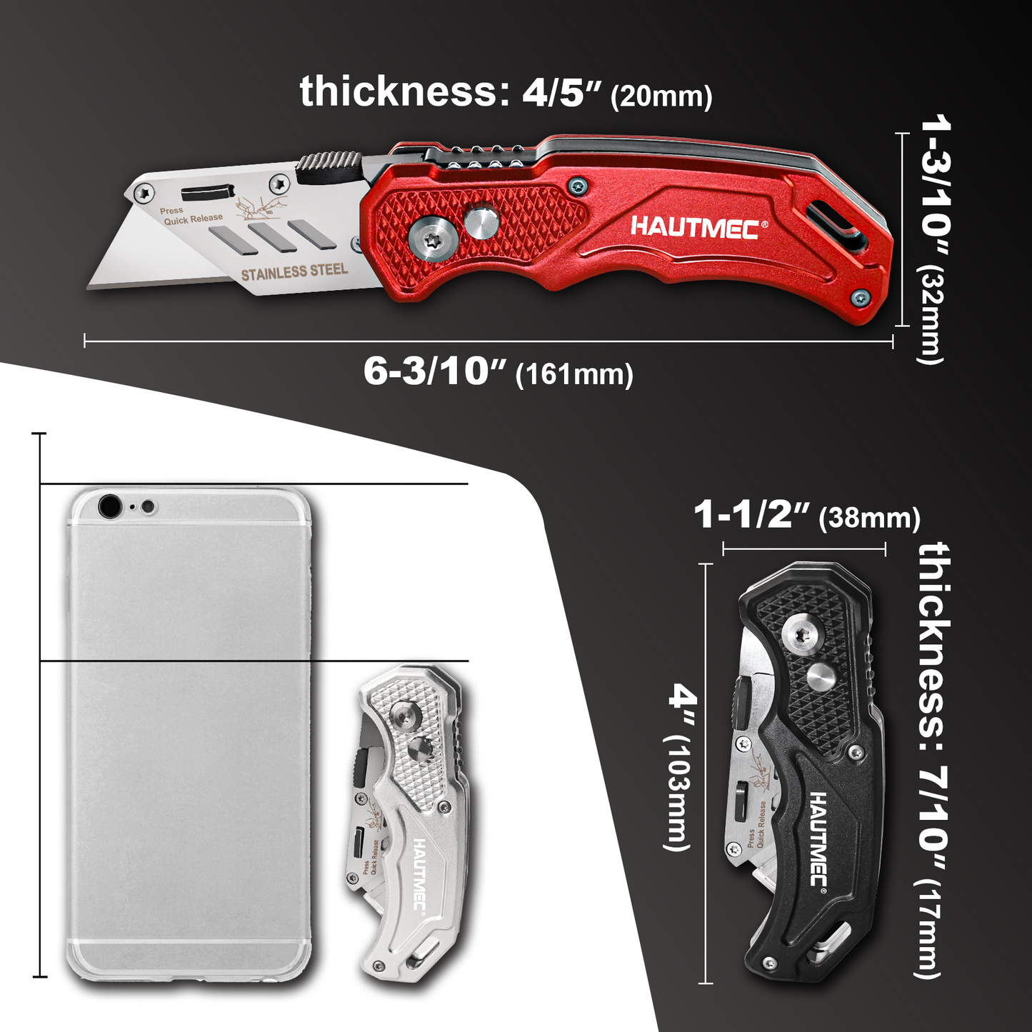 HAUTMEC 3-Pack Folding Utility Knife, Durable Aluminum Box Cutter with Quick-Change Blades & Lock-Back Safety Design, Includes 15 Extra SK5 Blades, HT0429-KN