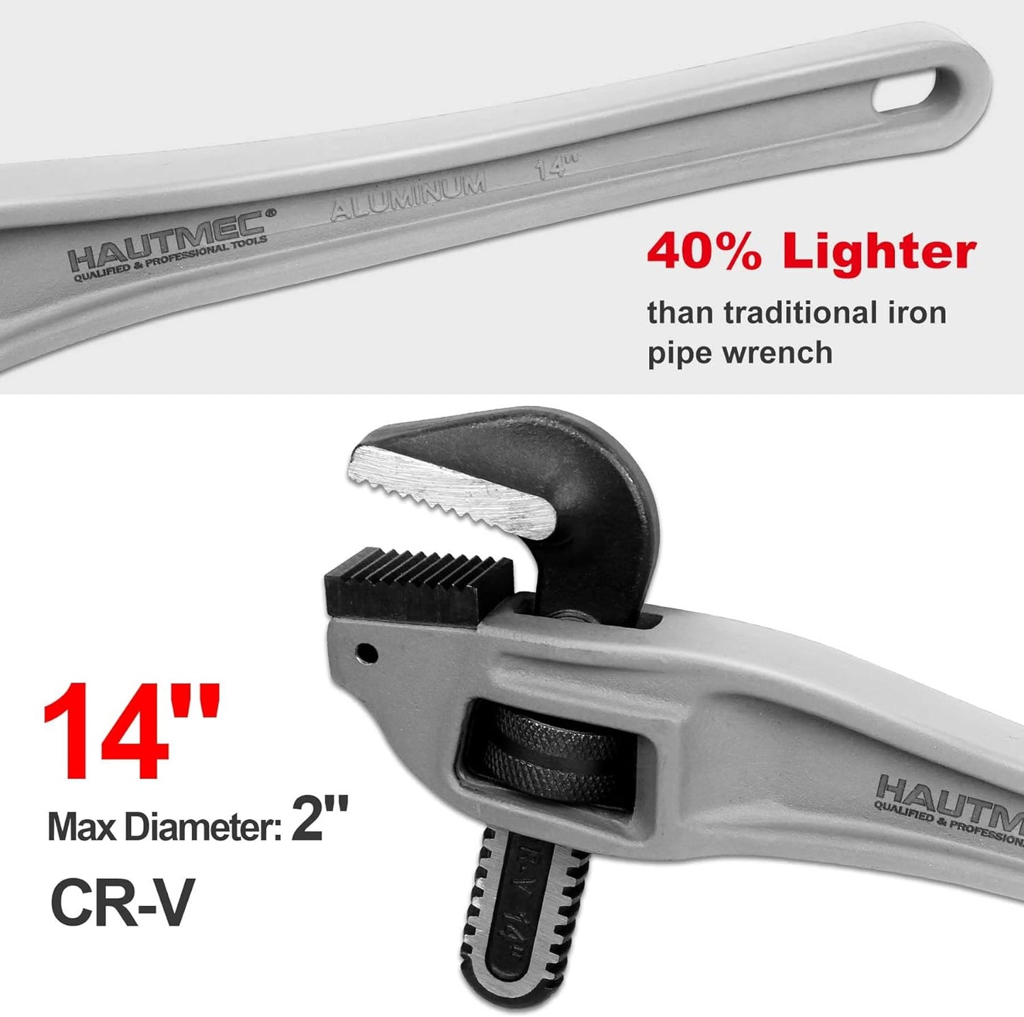 HAUTMEC 14 Inch Aluminum Offset Pipe Wrench, Heavy Duty Adjustable Plumbing Wrench, 2" Jaw Capacity, 40% Lighter Drop Forged Construction, for Use in Tight Spaces HT0189