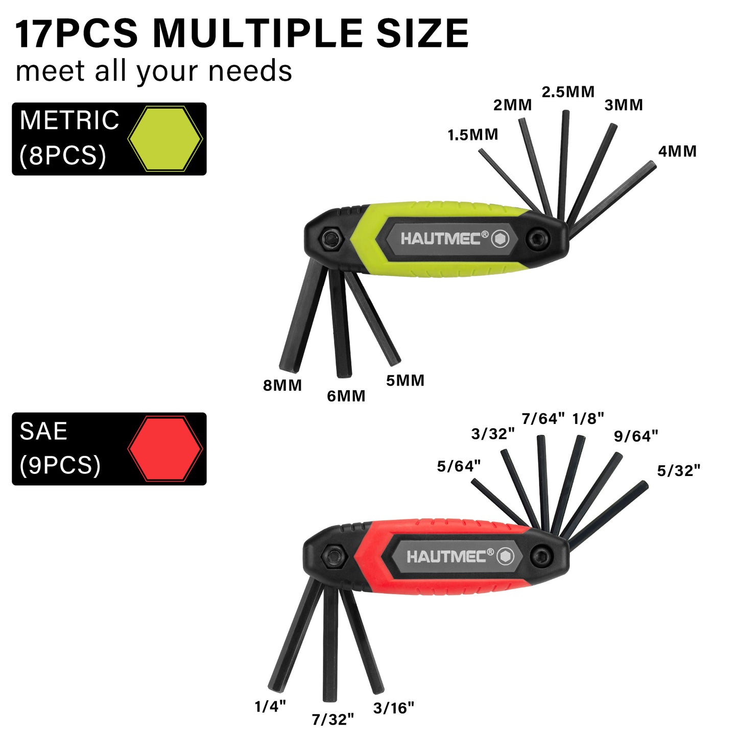 HAUTMEC 17PCS Folding Allen Wrench Set, Compact SAE & Metric Hex Key Set, Color-Coded Non-Slip Grip Allen Key Set, Heated Treated CR-V Steel Hex Wrench Sets, for Bike, Motorcycle & Machinery Repair HTHKH25041